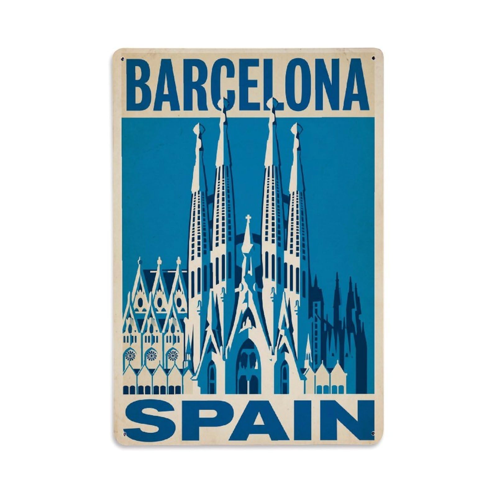 Vintage Travel Spain Barcelona Metal Tin Sign Plaque Wall Decor for Cafe, Club Bar, Office, Garden Metal Poster 8x12Inch