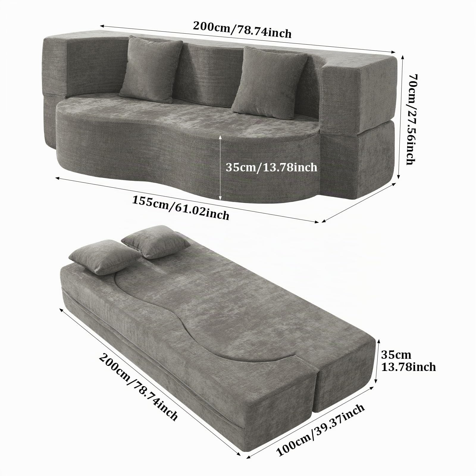 Faltbares 3-Sitzer Gästebett & Schlafsofa, 200 cm breites XXL Bett in Grau – Bequeme Klappcouch für Wohnzimmer, Schlafzimmer als Lounge oder Gästebett
