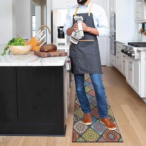 Miniatura 4 de Faptoena Juego de 2 alfombras de cocina con diseño bohemio con mandala, alfombras y tapetes de cocina con medallón floral tradicional,