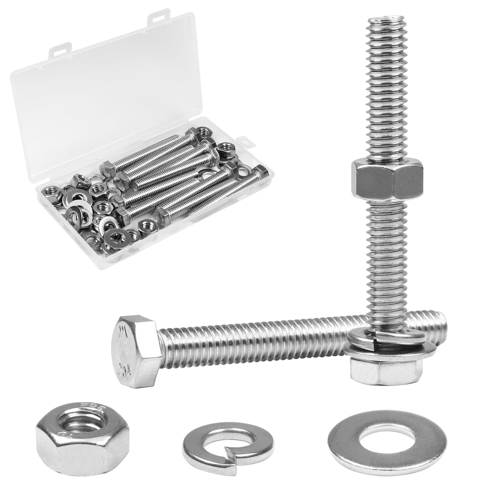 Yinpecly 10 Sets 5/16-18x2-1/2 Hex Head Screw Bolt, Nuts, Flat & Lock Washers, Stainless Steel 304, Machine Fully Thread Hex Bolts, Bright Finish