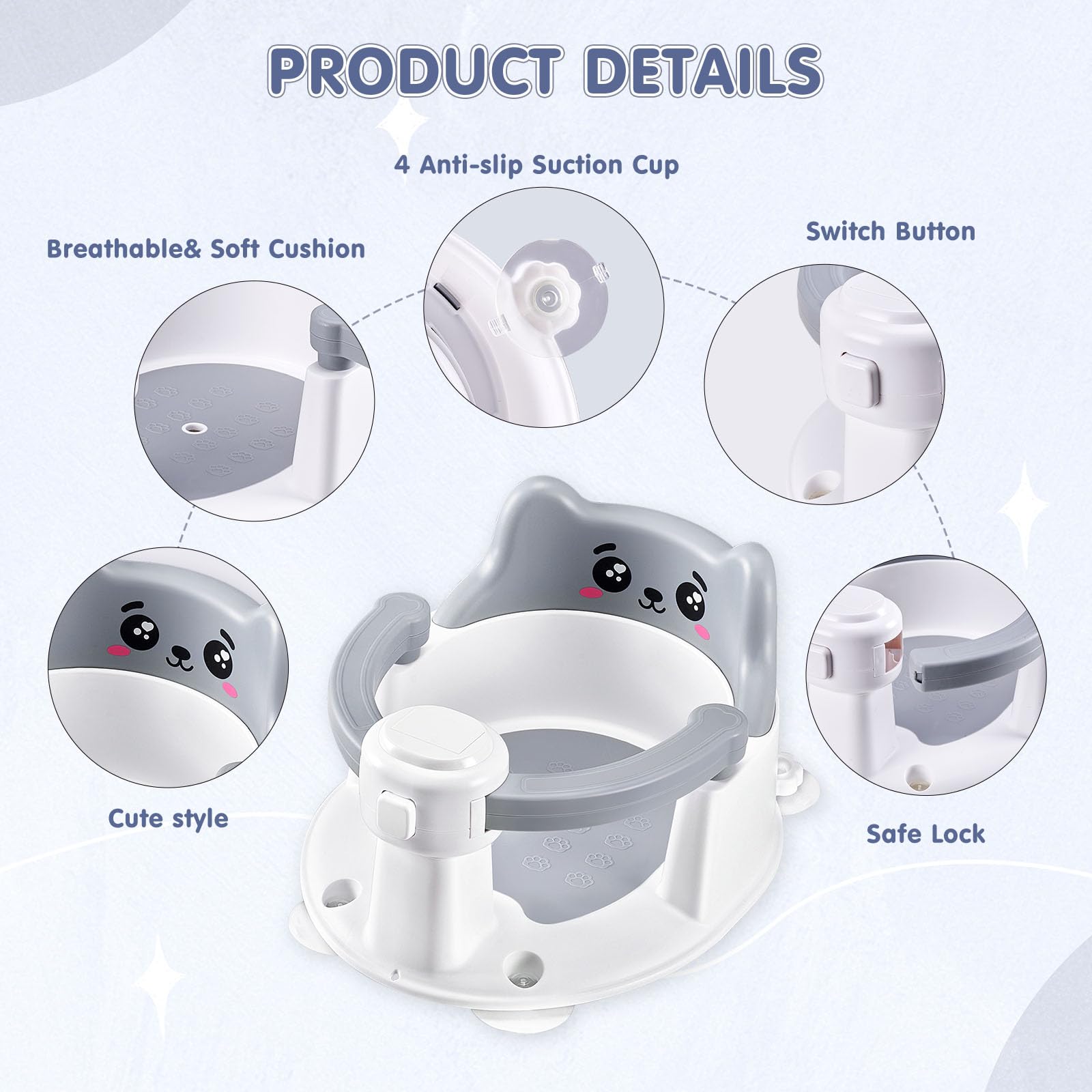 Farnirvana Seggiolini Per Bagnetto, Seggiolino Doccia Neonato, Seggiolino per Vasca da Bagno per Bambini a Partire da 6 Mesi, con 4 Potenti Ventose, per Doccia o Vasca