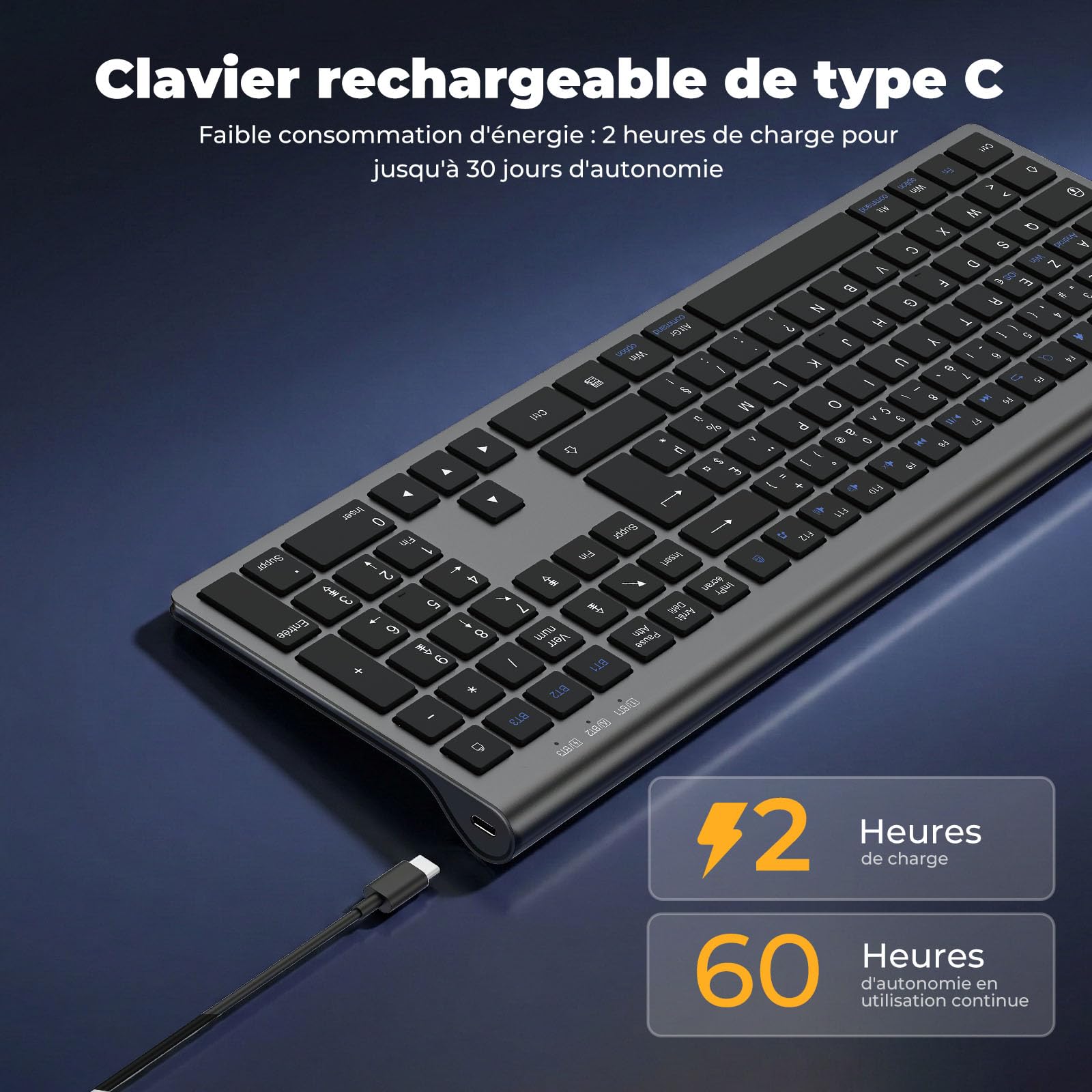 cimetech Clavier sans Fil Silencieux Bluetooth(BT1+BT2+BT3), Clavier Rechargeable, Ultra-Fin, AZERTY Français, avec Pavé Numérique, pour MacOS/iOS/Android/Windows/PC/Ordinateur/Portable-Gris Noir