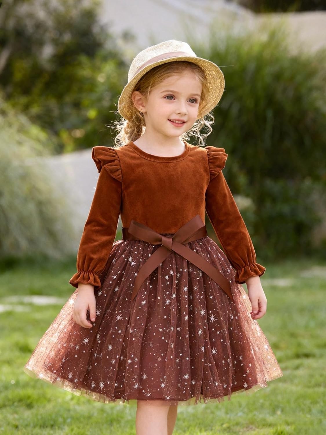 Patgoal Toddler Girls Tutu Dresses Velvet Tulle Dress with Sequin Long Sleeve Holiday Party Fall Winter Dress 2-7Y - Image 6