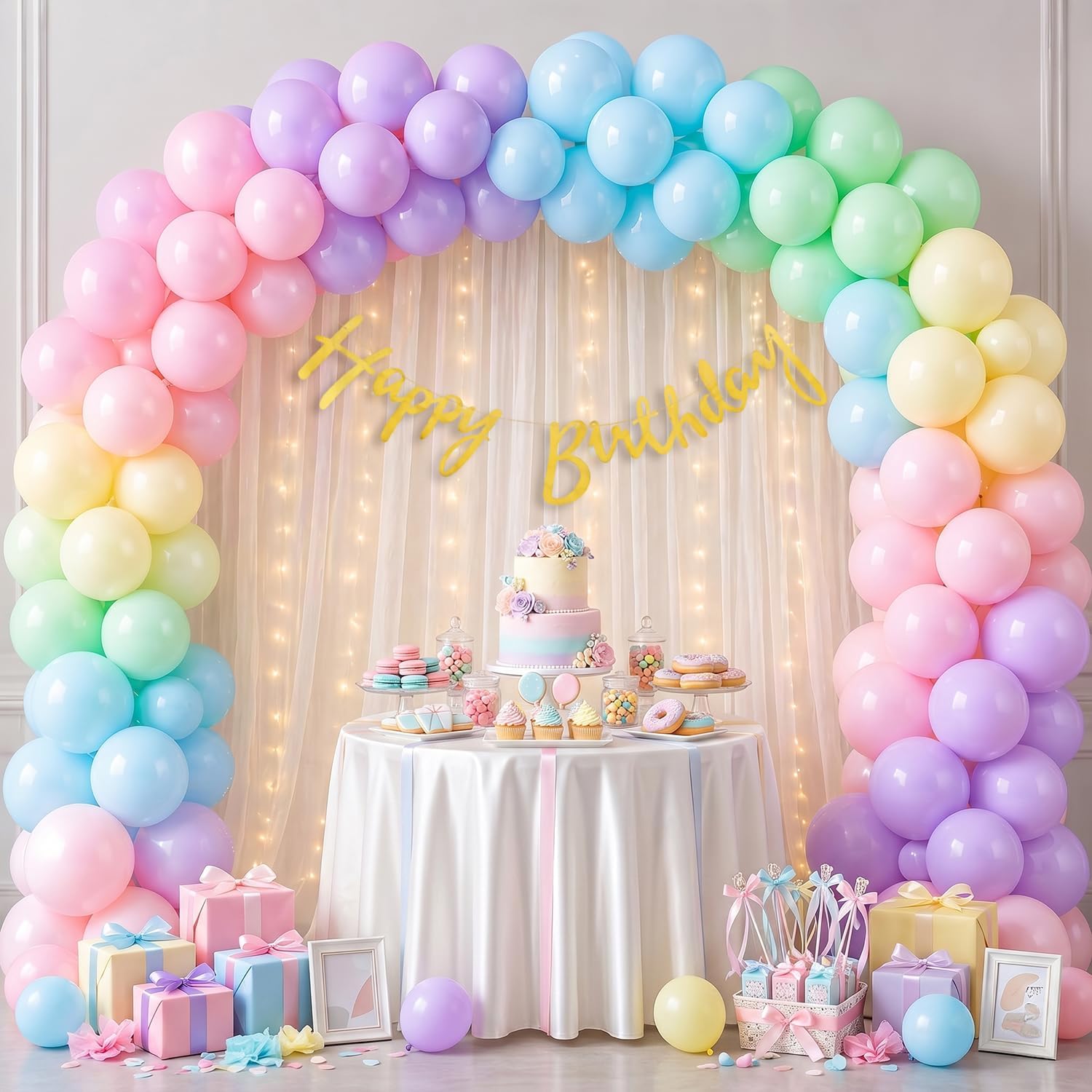 Party Propz Rainbow Theme Happy Birthday Decoration Kit - 58 Pcs Multicolor Birthday Decoration Kit for girls, Pastel Balloons for Decoration, Rainbow theme decoration (Latex)