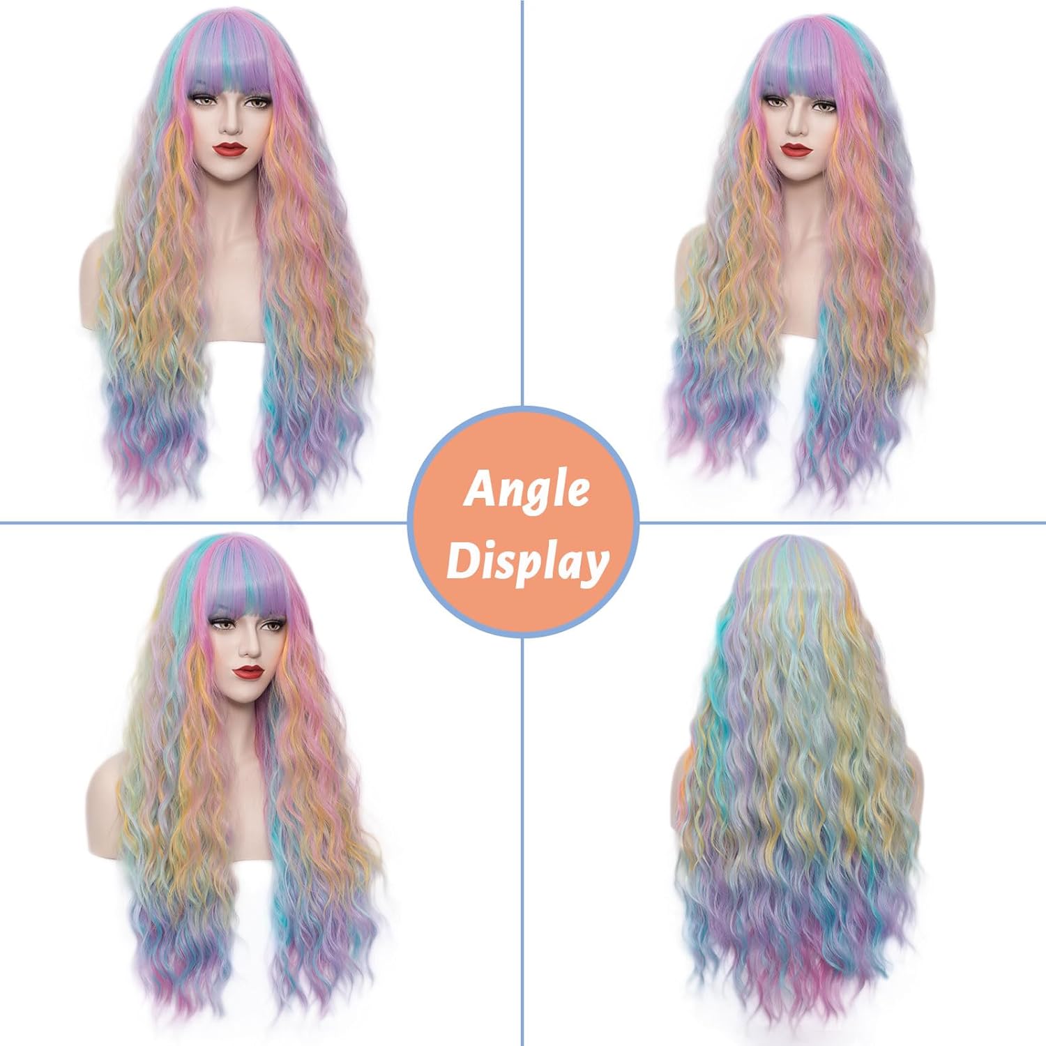 Women's Multi Color Rainbow Wig 27''Long Curly Wavy Wig Shoulder Length Flat Bangs Wig For Women Girl Cosplay Party Halloween Wig Cap Included (27''Multi Color Rainbow)
