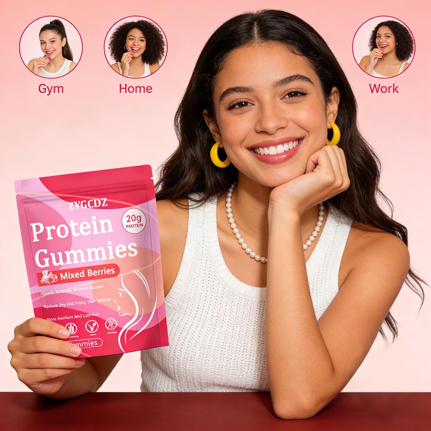 Protein Gummies for Women & Men, 20g Protein per Serving, Zero Sugar, Vegan, Supports Hair Skin Nails Health with Collagen, Energy Boosting Supplement, Mixed Berries Flavor, 60 Gummies (1) (1)