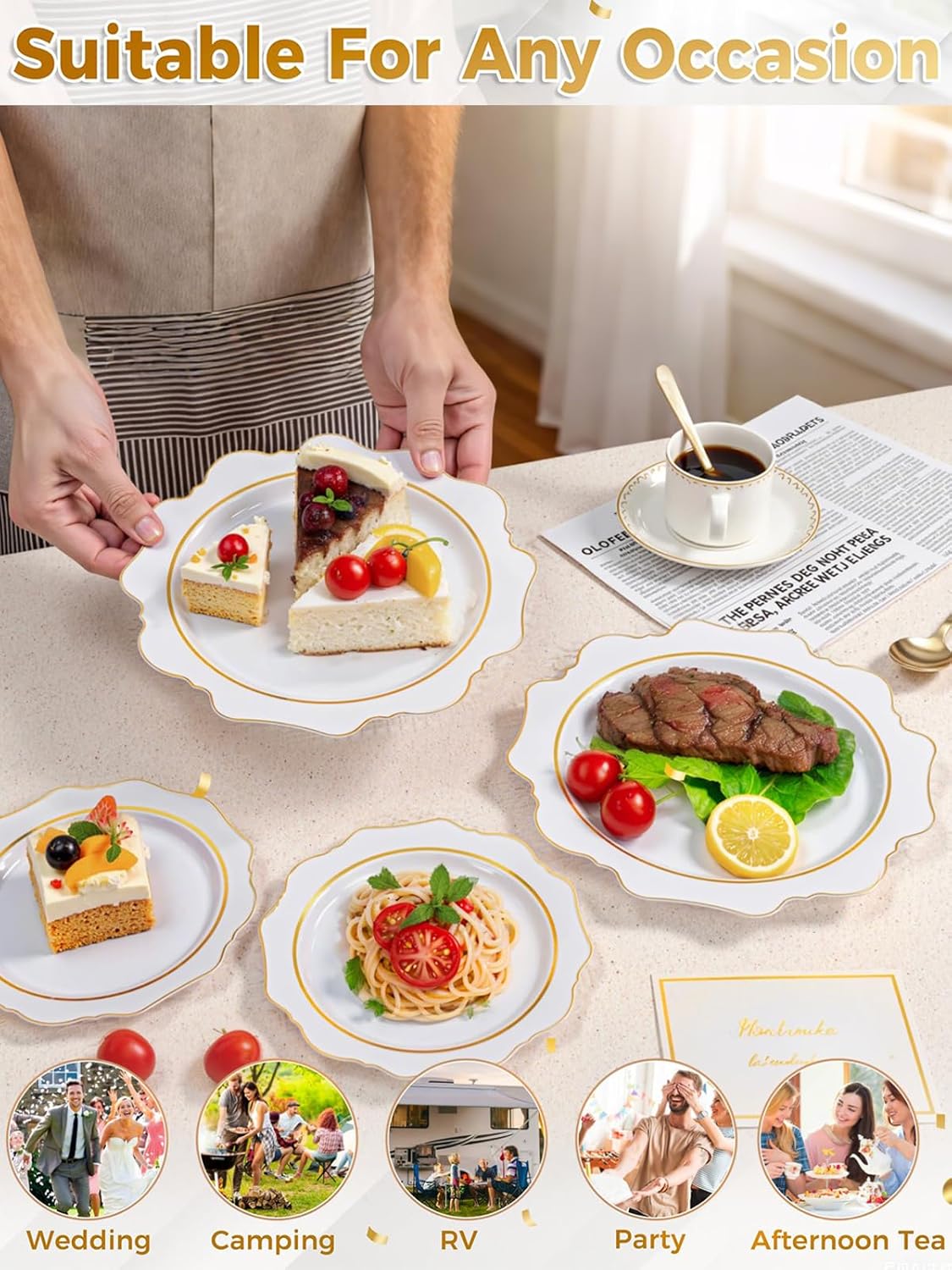 WDF 100PCS White and Gold Plastic Plates - Gold Disposable Plates - Include 50 Dinner & 50 Dessert Plate for Party - Heavy Duty Fancy Plastic Plate for Wedding/Thanksgiving/Bridal shower - Image 7