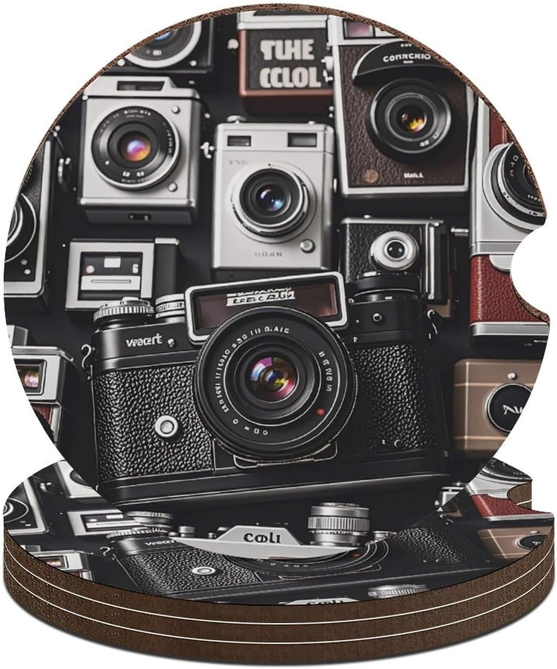 Retro Camera Collection Car Coaster with Cork Base & Finger Slot 4PCS