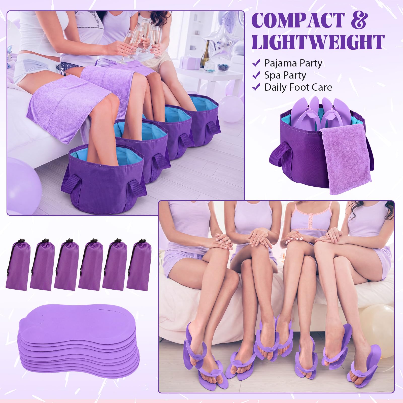 FillTouch 6 Sets faltbares Fußbad-Set, 15 l, zusammenklappbare Fußbadewanne, Badezimmer-Handtücher, Damen, Erwachsene, faltbare Hausschuhe mit Aufbewahrungstasche, Spa, Soak-Pediküre, Bad für Reisen