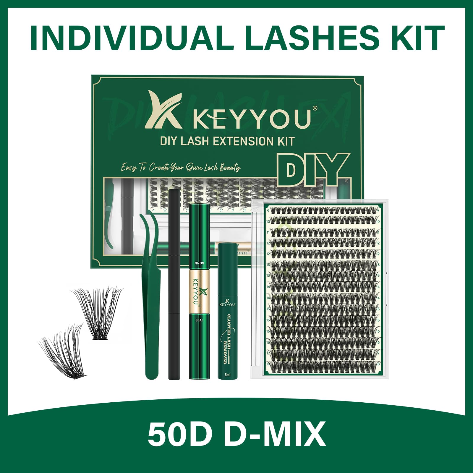DIY Wimpernverlängerung Kit KEYYOU 300Pcs 50D 0.07D Curl 8-16MIX Wimpern Cluster Kit mit Wimpern Kleber Entferner Applikator einfach zu bedienen für Anfänger (Kit-50D-0.07D,8-16MIX)