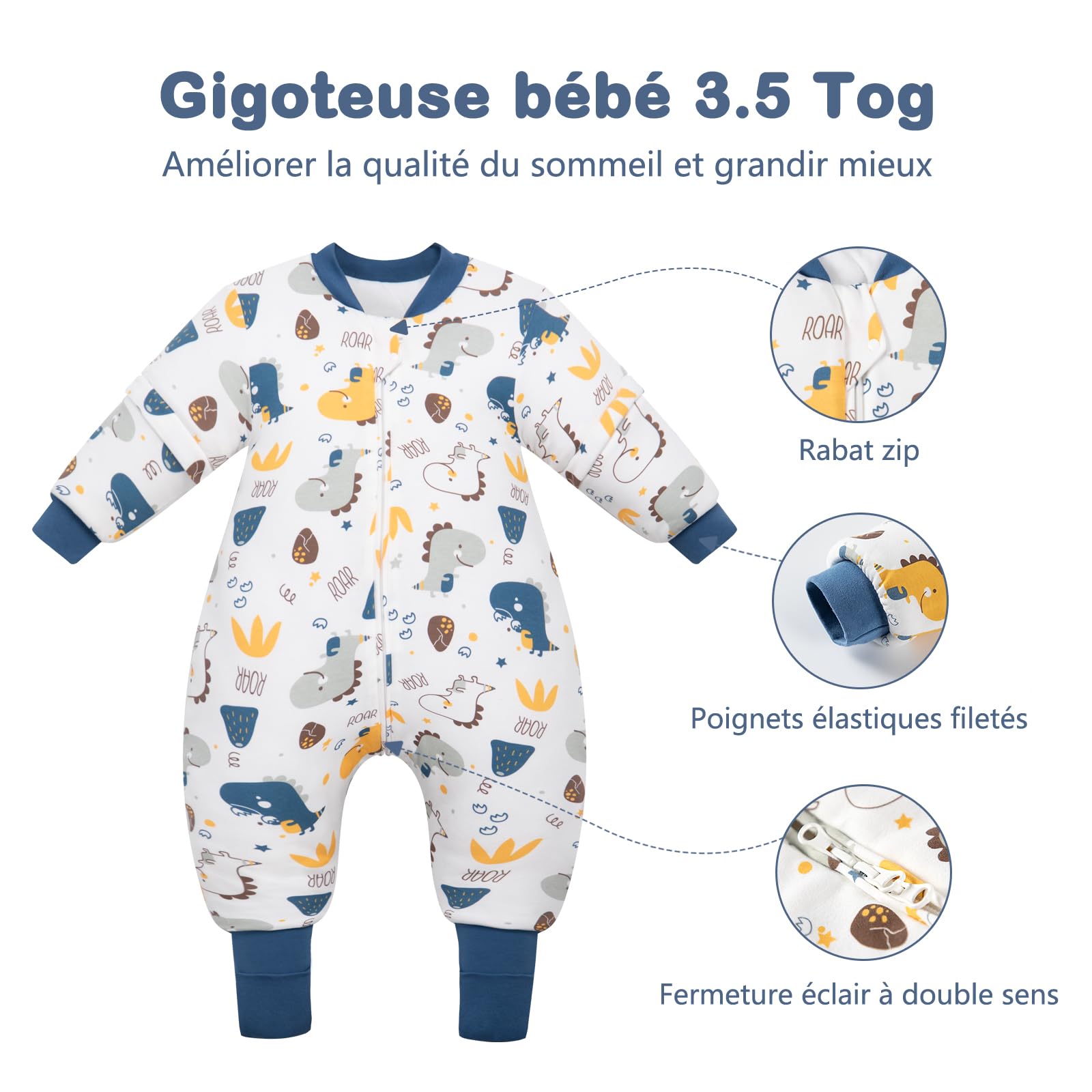 Gigoteuse pour Bébé avec Pieds, Manches Amovibles et Chaussettes - Gigoteuse Tog 3.5 Coton - Turbulette Hiver pour Bébé, Fille Garçon-Bébés Dinosaures (18-36 Mois)