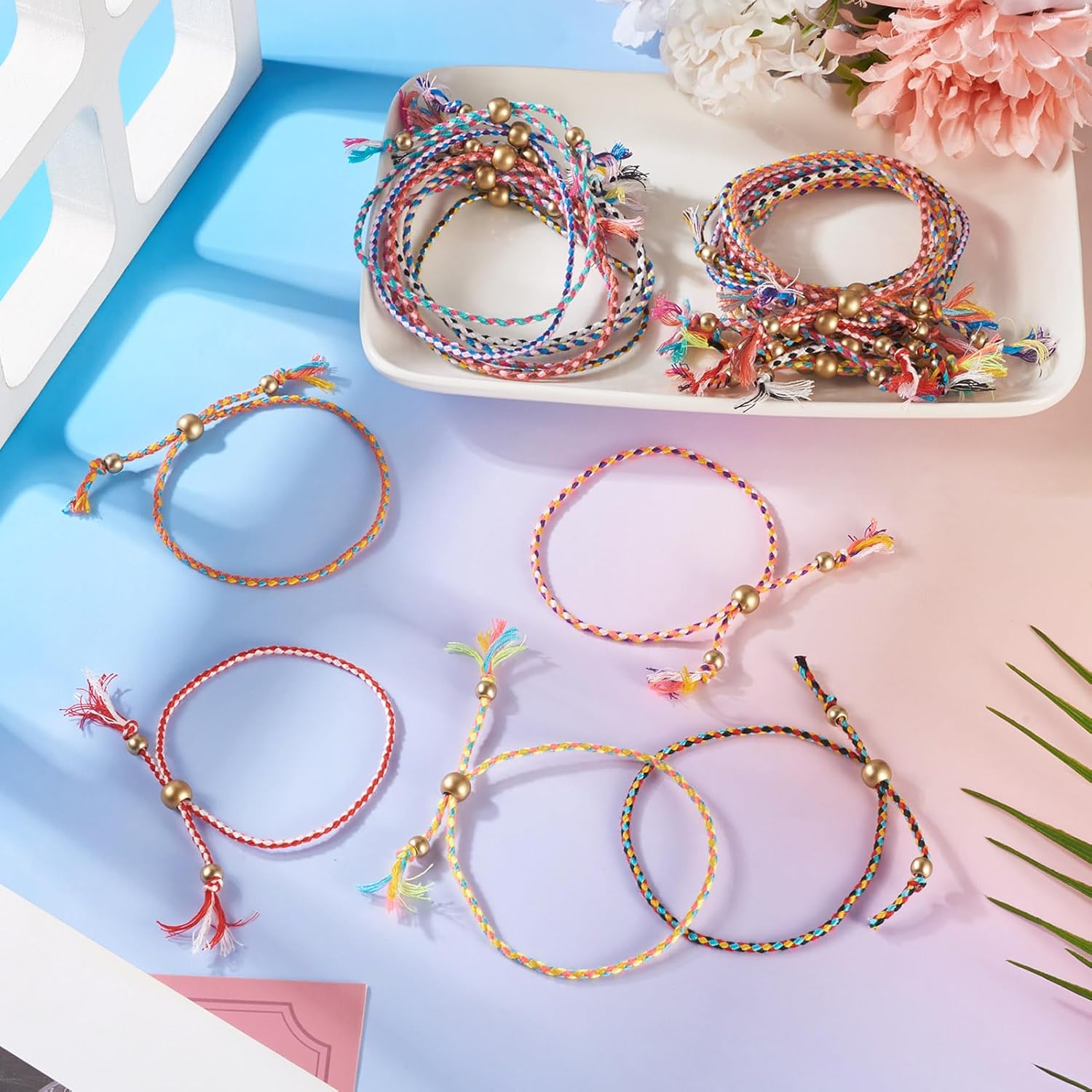 24Pcs Bohemian Adjustable Braided Cord Knotting Bracelet Ropes with Resin Bead,Polyester Waxed Thread Half Finished Nylon Slider Bracelet for Wrist DIY Women Jewelry Making Friendship Bangle - Image 2