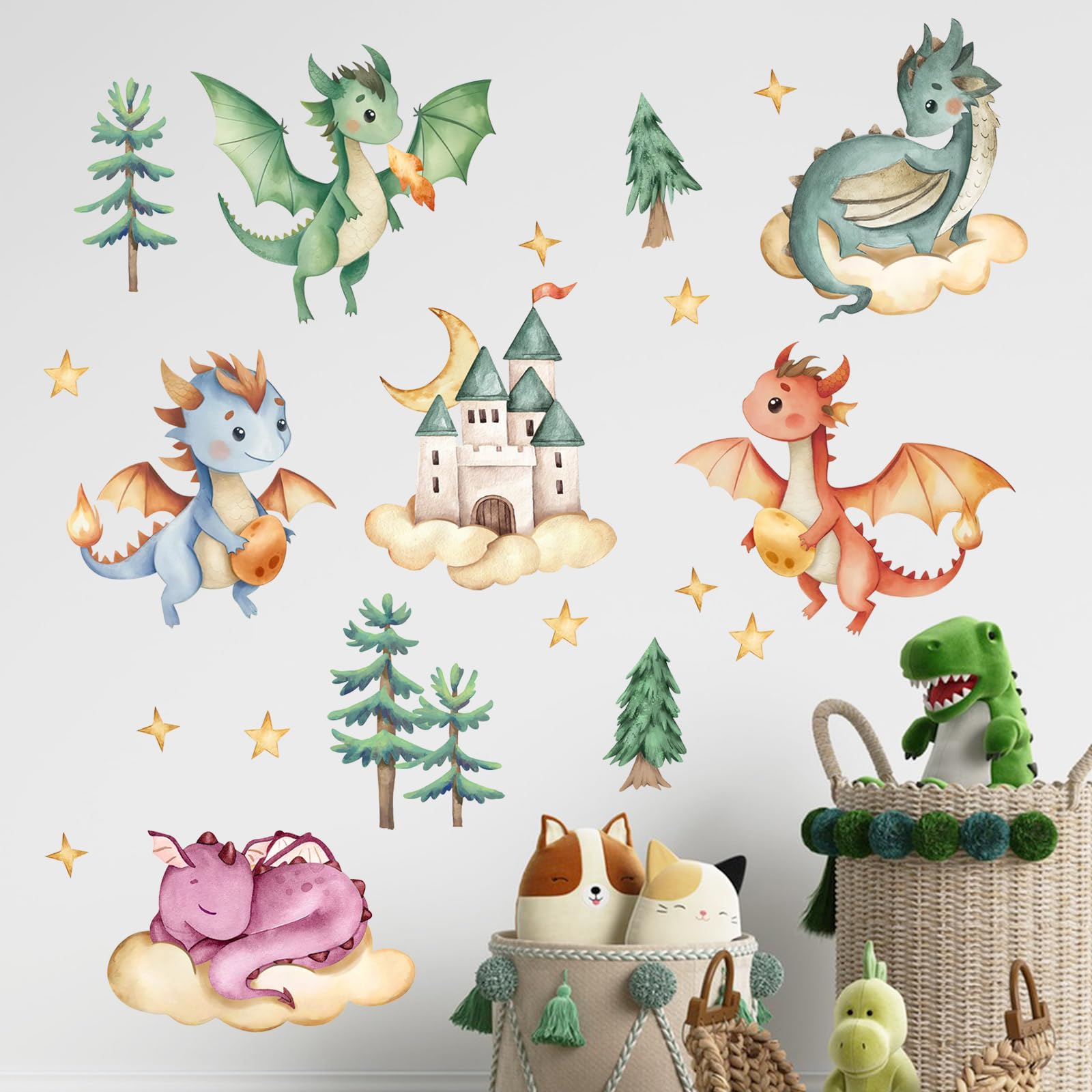 Yovkky Baby Dragon Naklejki Ścienne, Akwarela Zamek Sosna Chmura Księżyc Gwiazdy Neutralny Maluch Wystrój przedszkola, Smocze Jajka Dekoracje Domu Dzieci Dziewczyny Chłopcy Sypialnia Pokój Zabaw