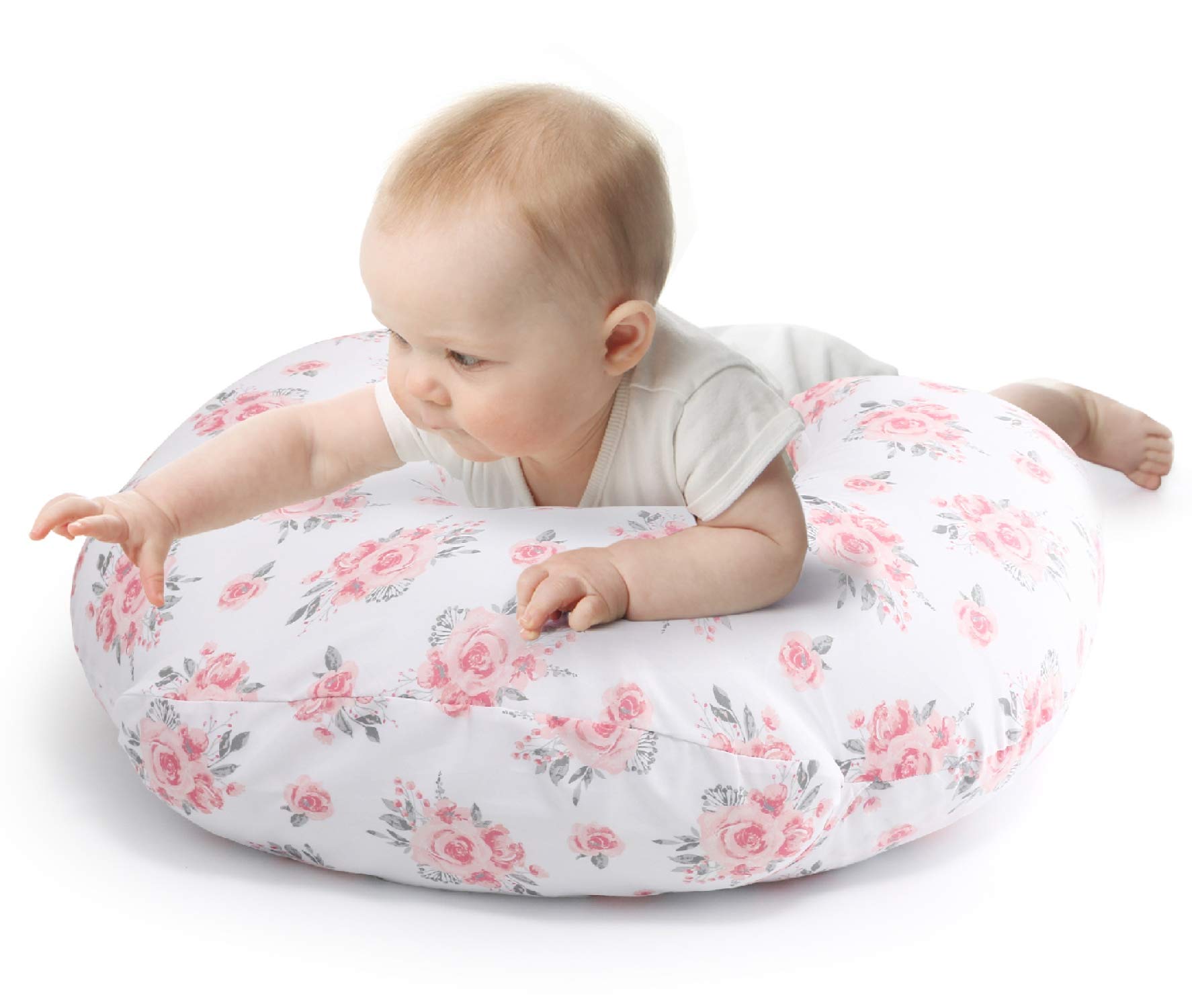 The PeanutshellNursing Pillow & Cover - Soft Newborn Nursing Baby Girl Pillow Covers, Supportive & Comfortable Breastfeeding, Tummy Time Baby Essentials - Pink Floral