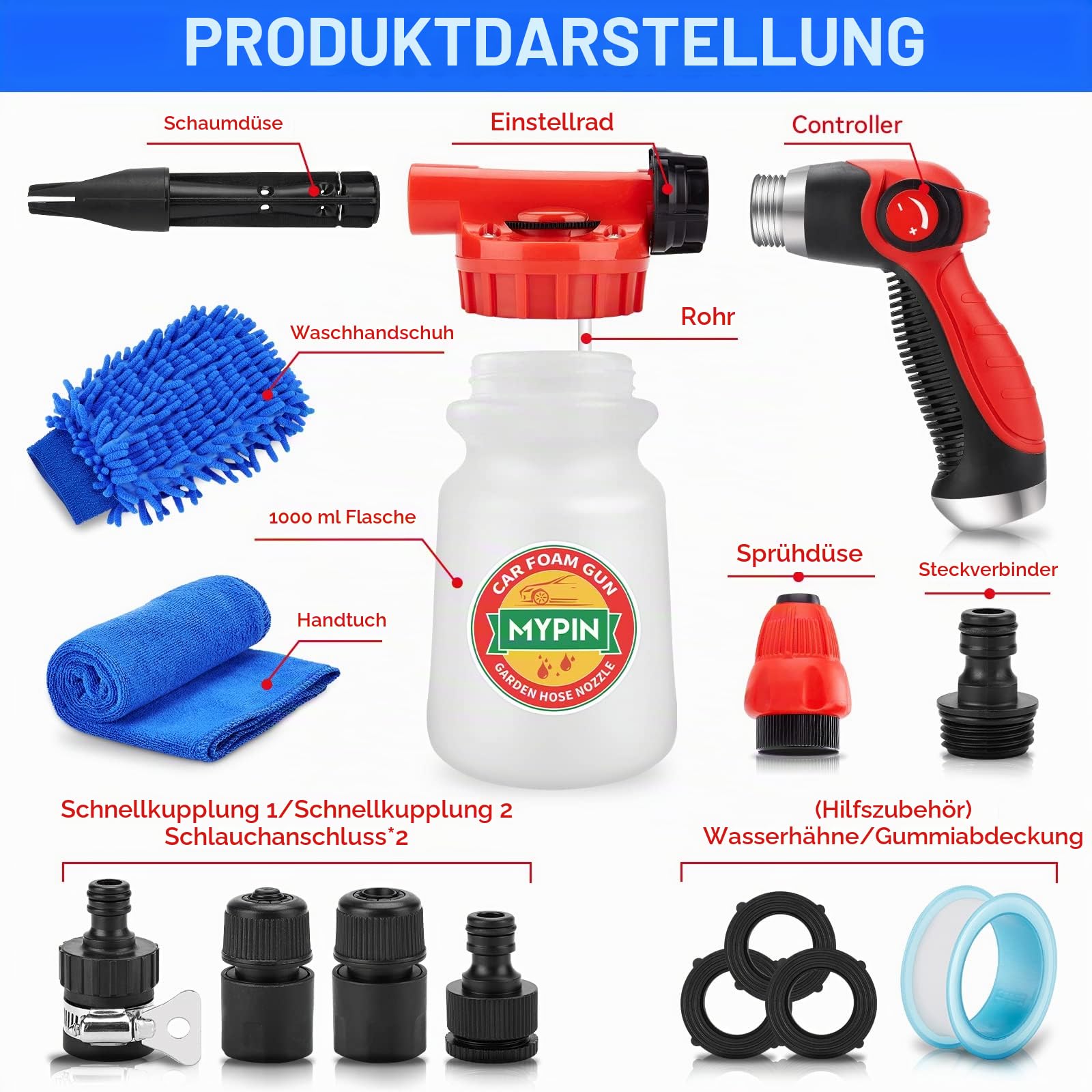 16 IN 1 Schaumpistole Autowäsche, Schaumkanone, verstellbarer Schlauchwaschzerstäuber mit 2,5 bis 6 Balken, mit Düsen,Waschhandschuh und Handtuch, geeignet für die Autoreinigung und den Gartengebrauch