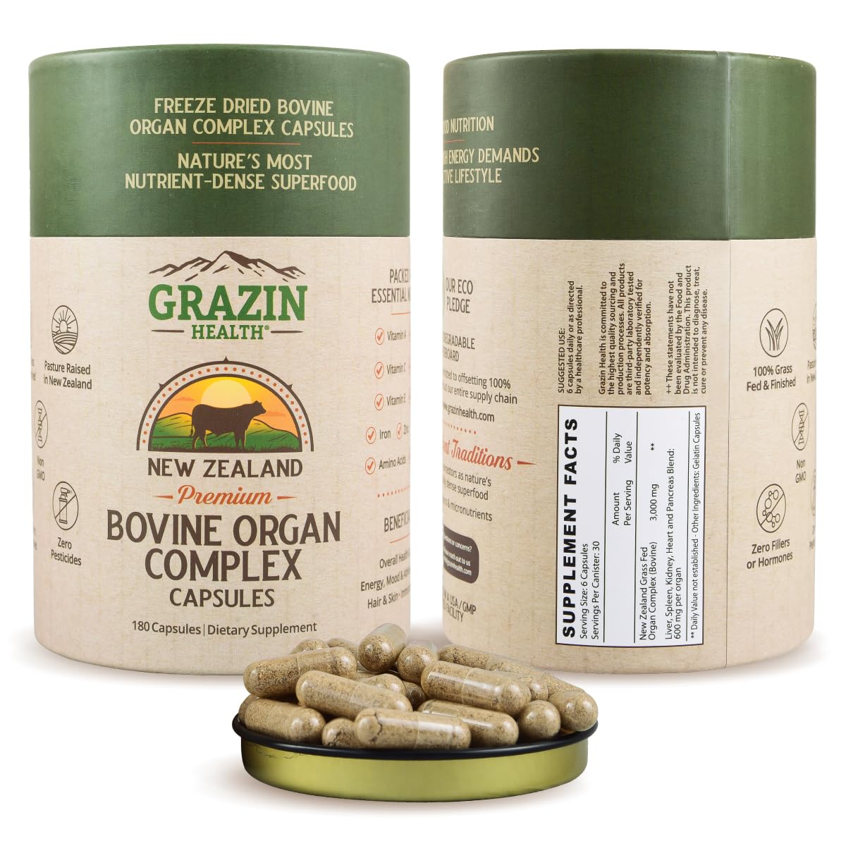 GRAZIN HEALTH - Grass Fed Bovine Organ Complex: Liver, Spleen, Kidney, Heart, Pancreas (600 Mg per Organ per Capsule), 3000 Mg per Serving (30 Servings)