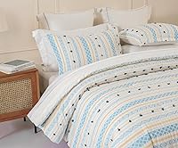 Vista 4 de SLEEPBELLA Juego de edredón de muselina de doble capa lavada de 100 % algodón, tamaño Queen, bohemio azul y amarillo, esponjoso, grueso, a cuadros