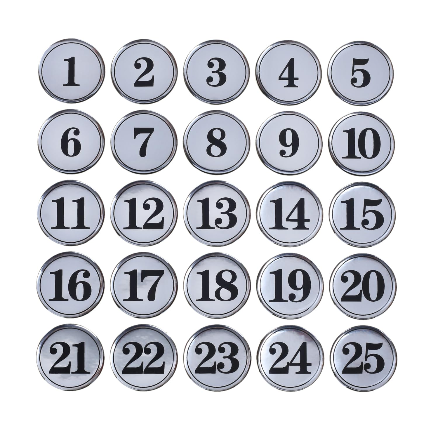 NumRealm Round Table Number Tags, 40mm Locker Cabinet Numbers with Double-Sided Tape for Pubs, Restaurants - Silver 1 to 25
