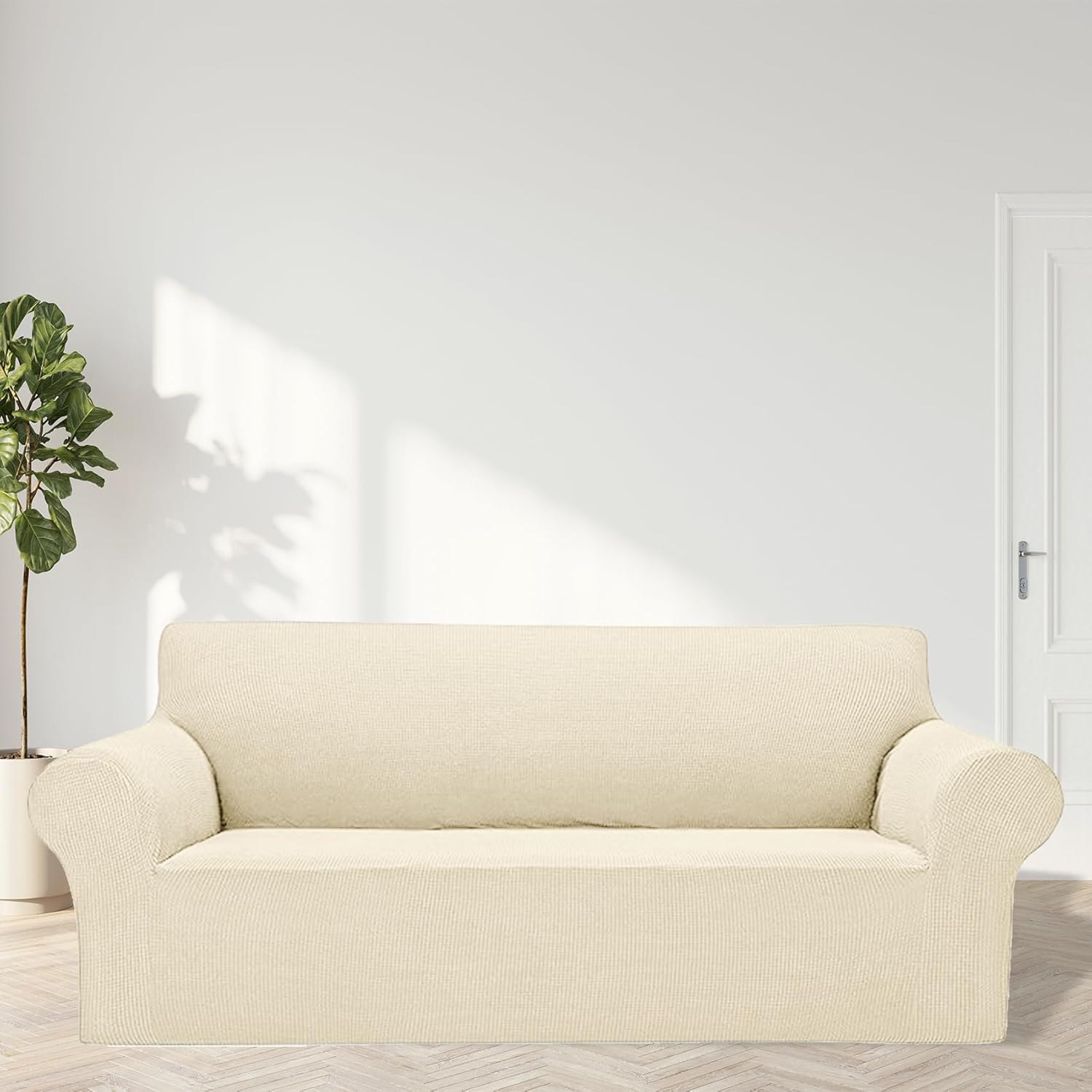 Cupuamon 2026 New Stretch Sofa Slipcovers Couch Cover for 3 Cushion Furniture Protector Sofa Covers with Elastic Bottom Jacquard Fabric Small Checks for Pets, Kids -Sofa, Beige