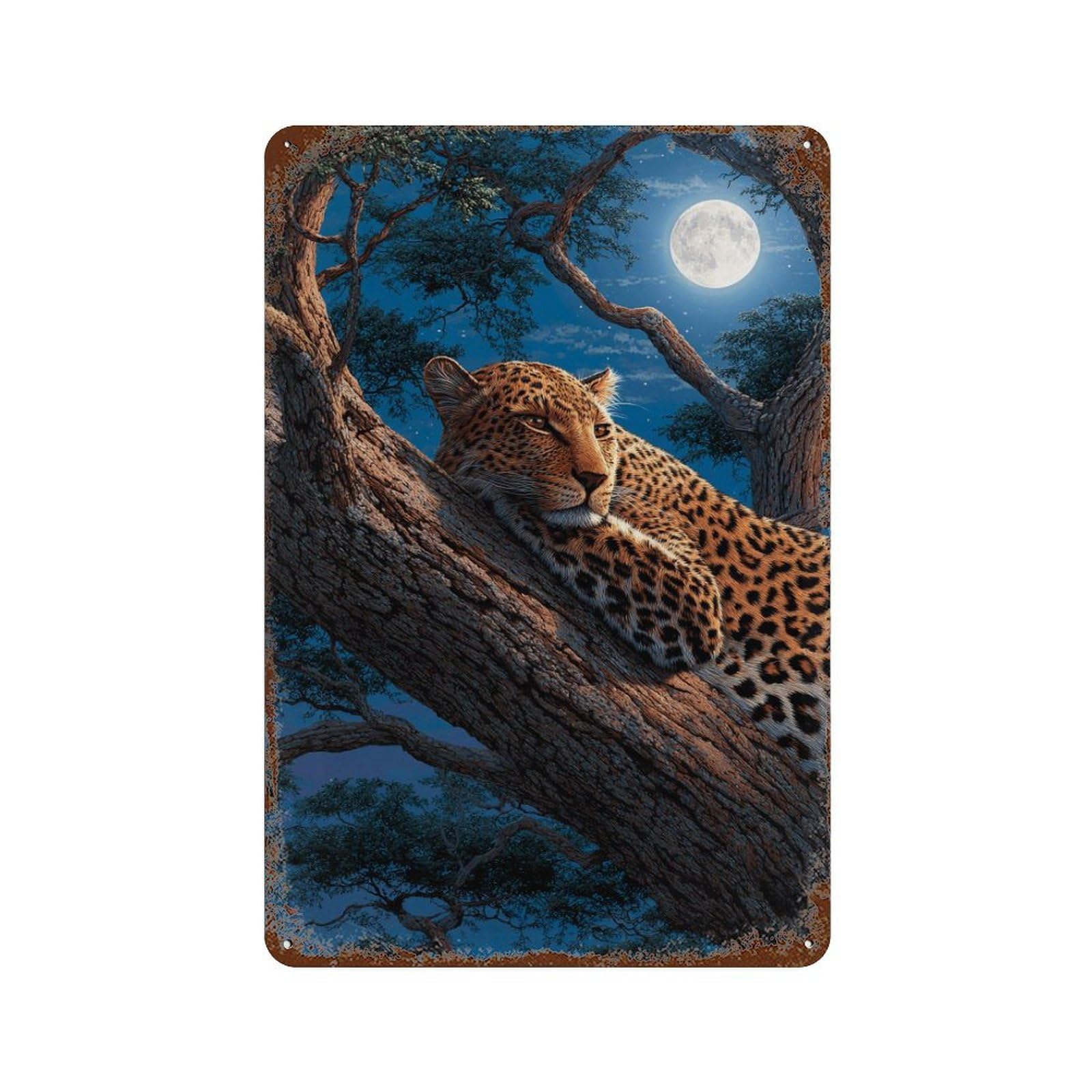 Leopard Moonlit Tree Rest 11.8"x7.9" Distressed Metal Wall Sign, Retro Wall Decor for Garage, Bar And Workshop Decor