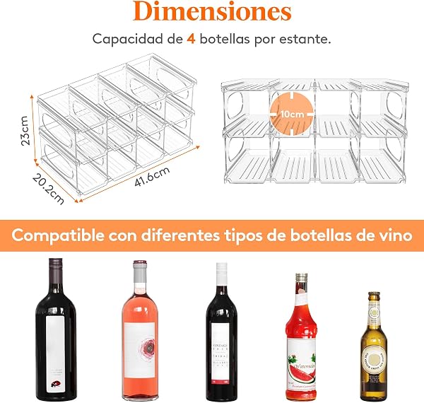 Lifewit Botellero Frigorifico para 12 Botellas, 3 Niveles Apilables Botellero para Vino, 42 x 20 x 23 cm Organizador Botellas - 2