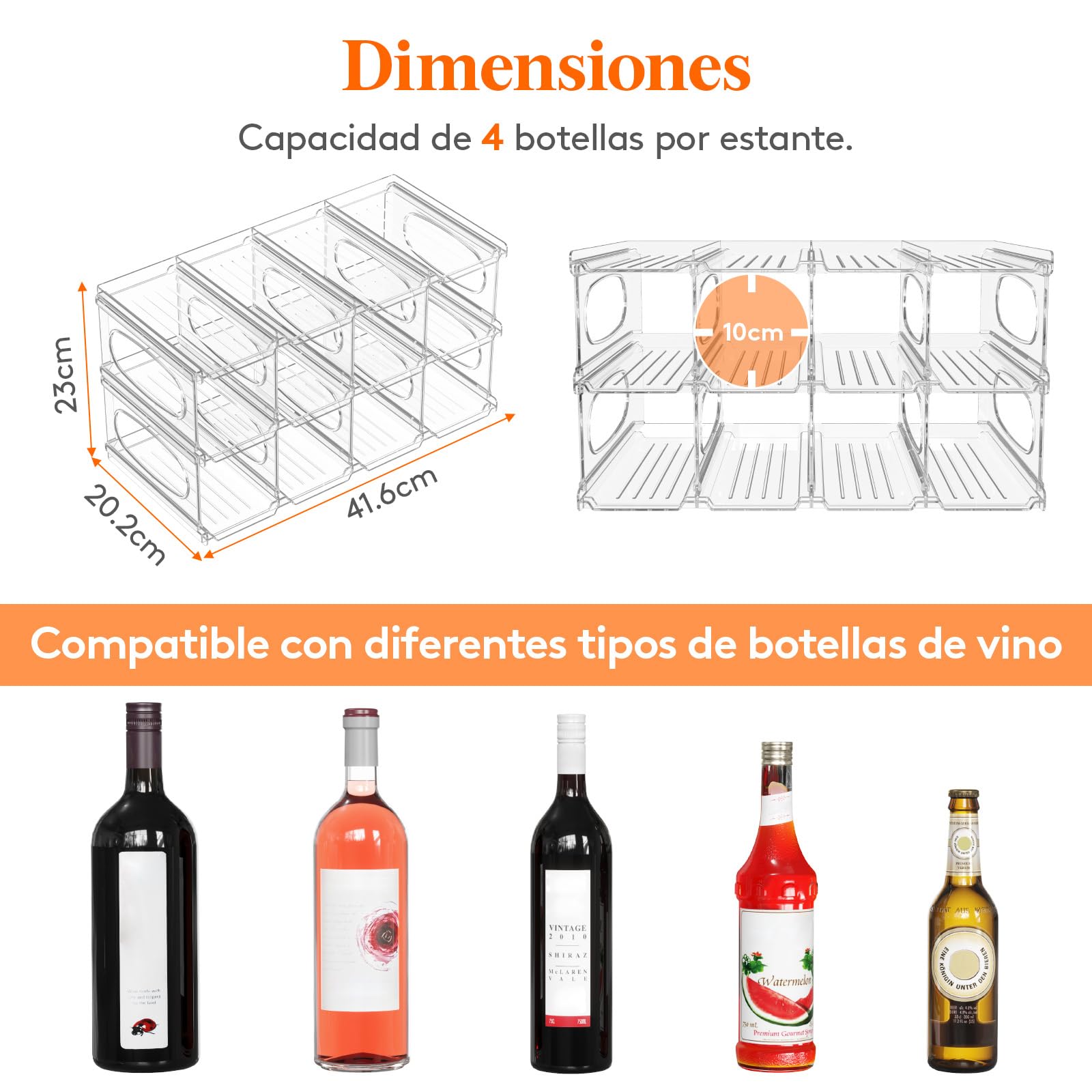 Lifewit Botellero Frigorifico para 12 Botellas, 3 Niveles Apilables Botellero para Vino, 42 x 20 x 23 cm Organizador Botellas
