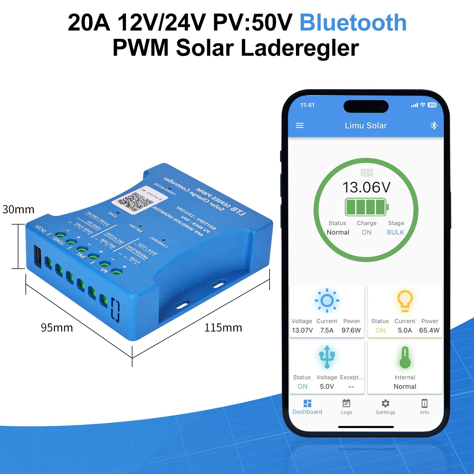 120W Monokristallines Solarpanel-Kit 12V Solarpanel 120 Watt Solarmodul enthält 20A Bluetooth Solarladeregler + 5m Solarkabel + Z-Brackets für Wohnmobil, Boot, Wohnwagen, Haushalt