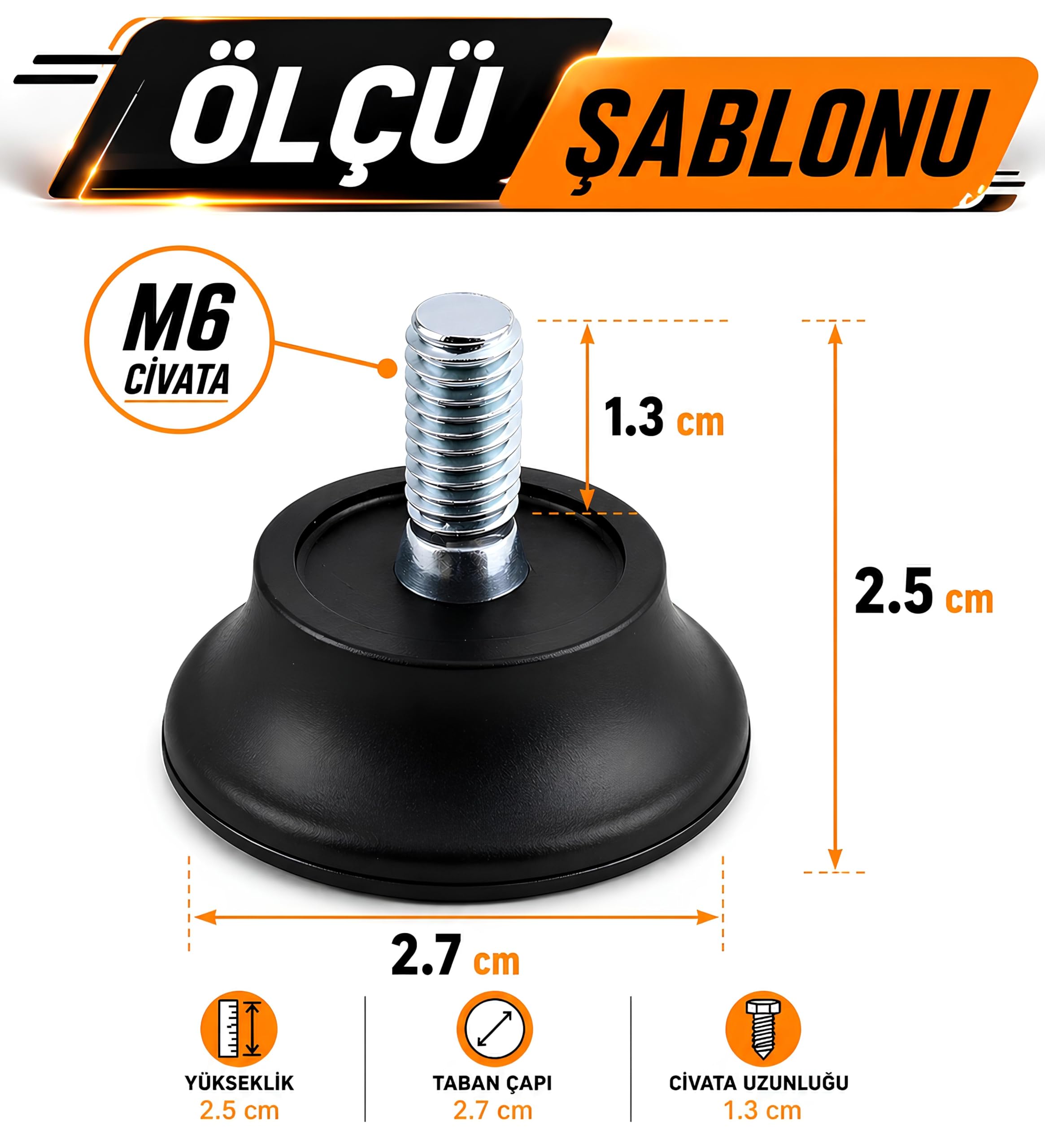 10 ADET Bingo Rotil Ayak Ayakları M6 Civatalı 6 mm Siyah Profil Ayağı 2.5 Cm
