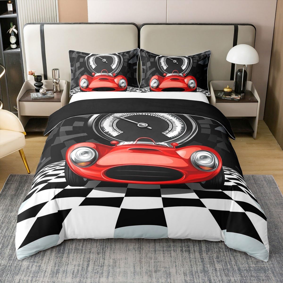 Linge de lit enfant voiture de course rouge, parure de lit 3 pièces coton noir et blanc