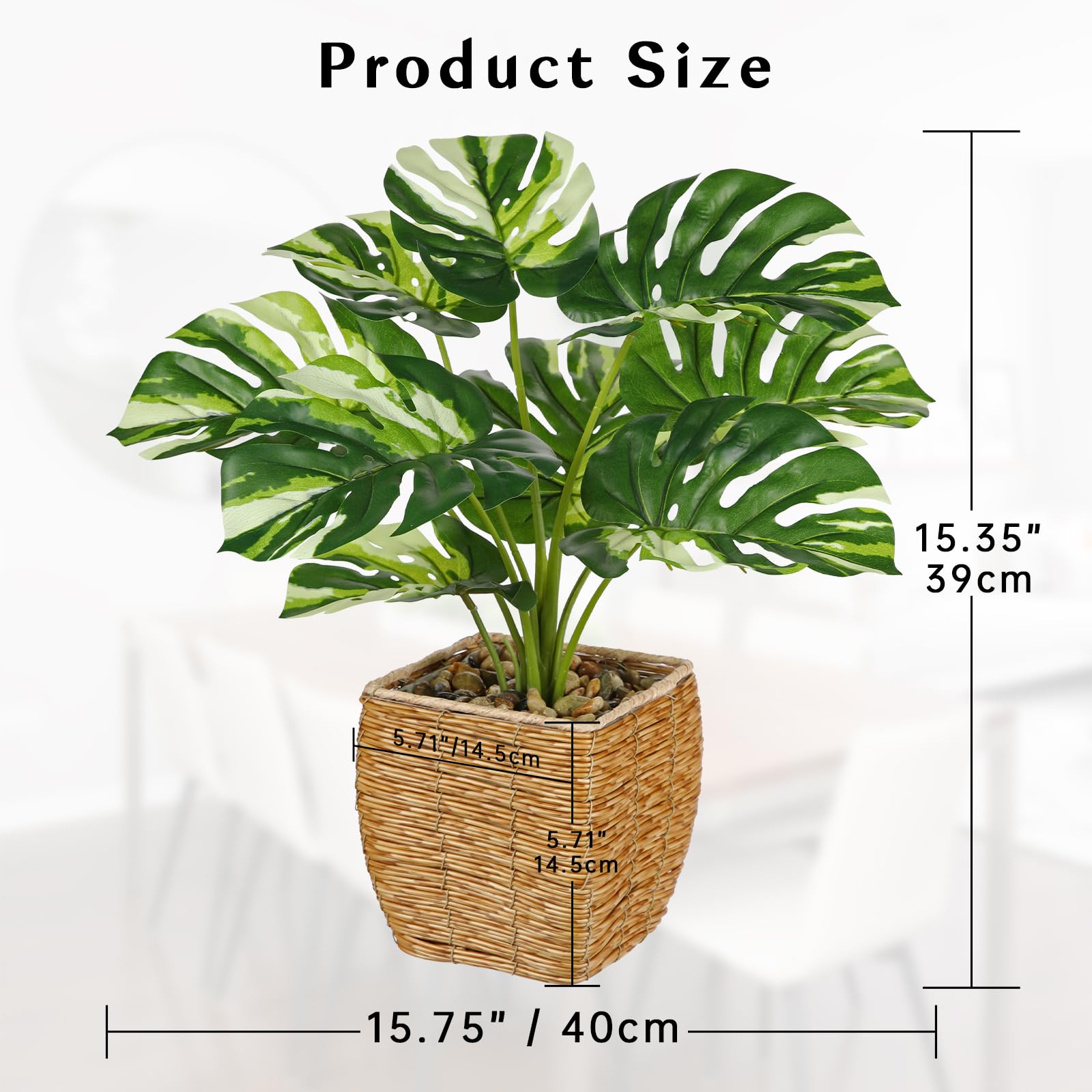 39CM Artificial Plants Rubber Plant Variegated Monstera in Woven Basket - Image 2