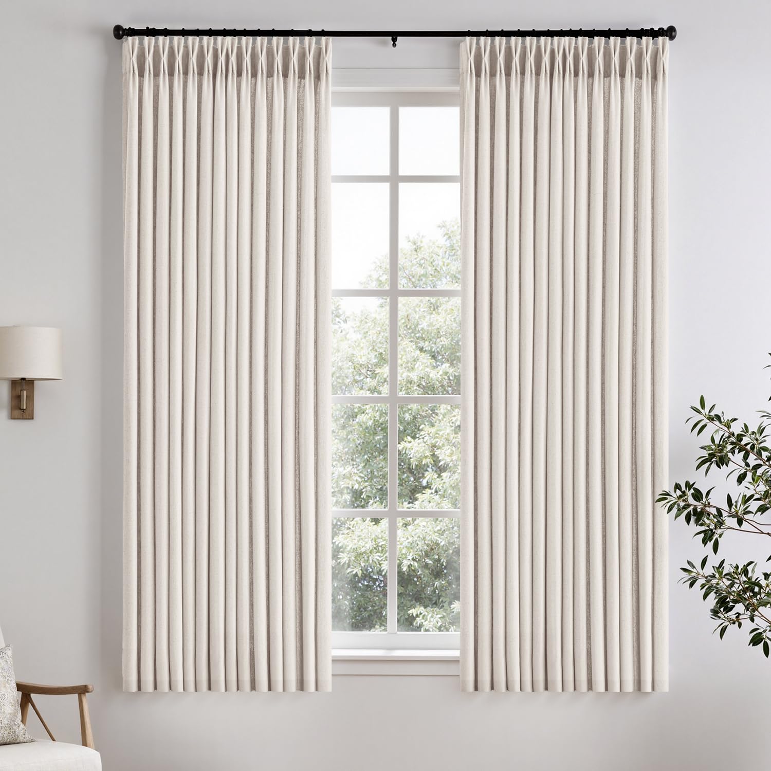 Pinch Pleated Curtains 45 Inch Length 2 Panels Short Curtains for Small Window, Semi Sheer Linen Pinch Pleat Drapes Privacy Curtain Living Room Bedroom, Triple Pleat Memory Shape Curtain with Hooks — image 1