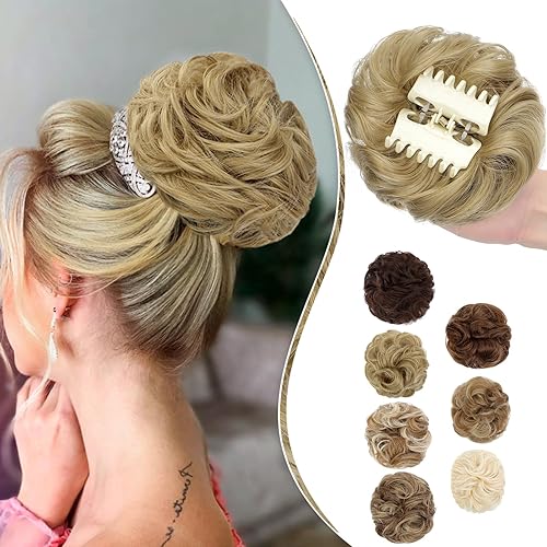 Leterly Moño desordenado, extensiones de cabello sintético con clip de garra, para mujer, color rubio ceniza Leterly Moño desordenado, extensiones de cabello sintético con clip de garra, para mujer, color rubio ceniza