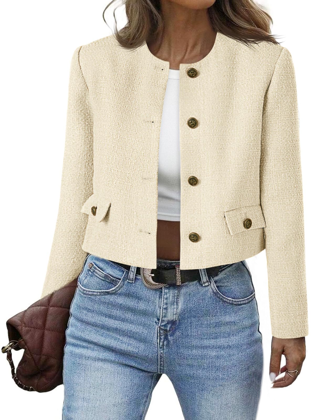 Cicy Bell Womens Cropped Tweed Blazer Collarless Button Down Bomber Jacket Business Casual Fall Outfits