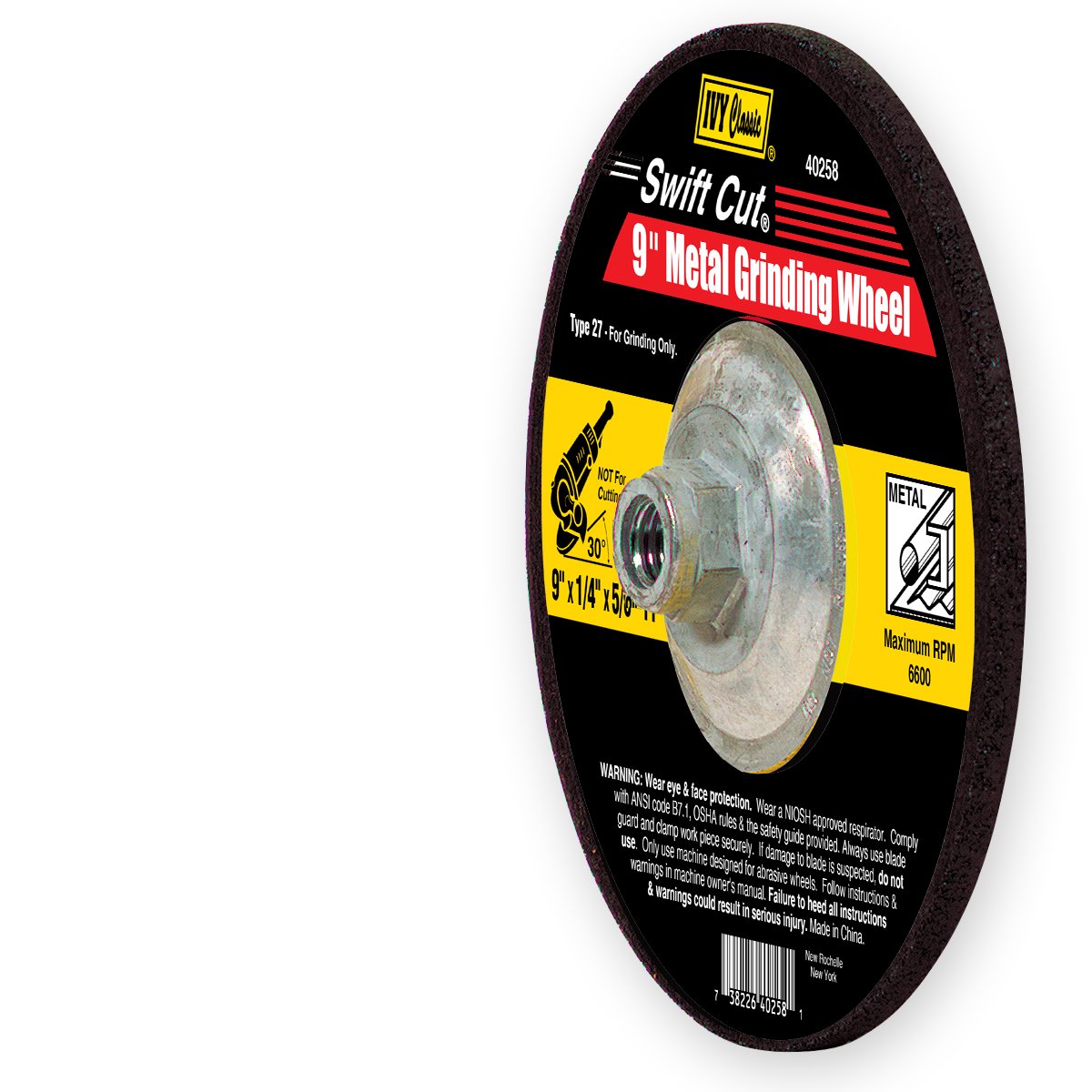 IVY Classic 40258 Swift Cut 9-Inch x 1/4-Inch x 5/8-Inch - 11 Threaded Arbor, Metal Depressed Center Wheel with Hub for Grinders, 1-Piece