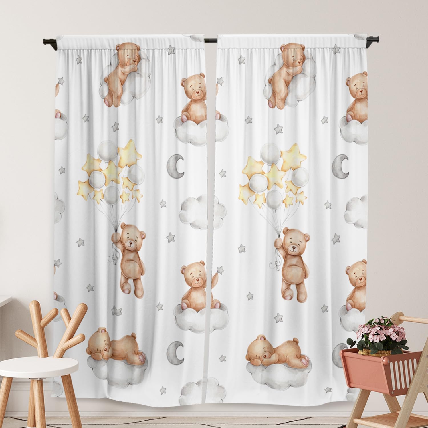 Bear Themed Curtains for Kids Boys Girls Kawaii Sleeping Bears Cloud Balloon Nursery Toddler Rod Pocket Drapes Home Living Room Baby Bedroom Decor Durable Fabric 84 in X 84 in
