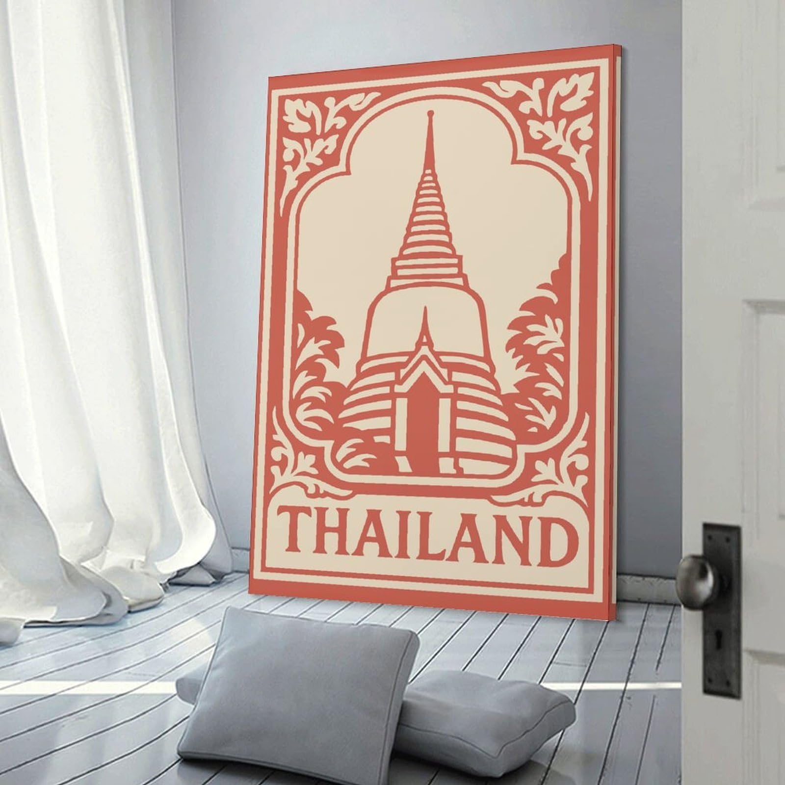 Junmoney Frame-Style-13 Decorative Canvas Print Thailand Temple And Floral Design, 16X24inch(40X60cm), For Office, Study Or Home Workspace, Decorative Artwork For Productive Spaces
