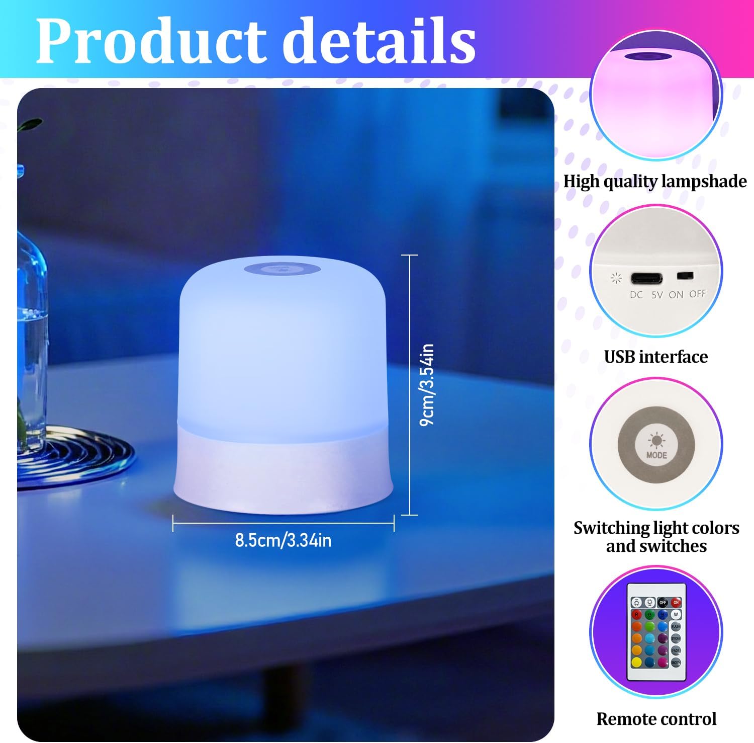 Night Light Bedside Lamp with Touch and Remote Control, 13 RGB Colors Changing 5 Brightness Dimmable Table lamp, Rechargeable Portable Desk Lamp for Baby Kids Nursery Bedroom Outdoor Camping