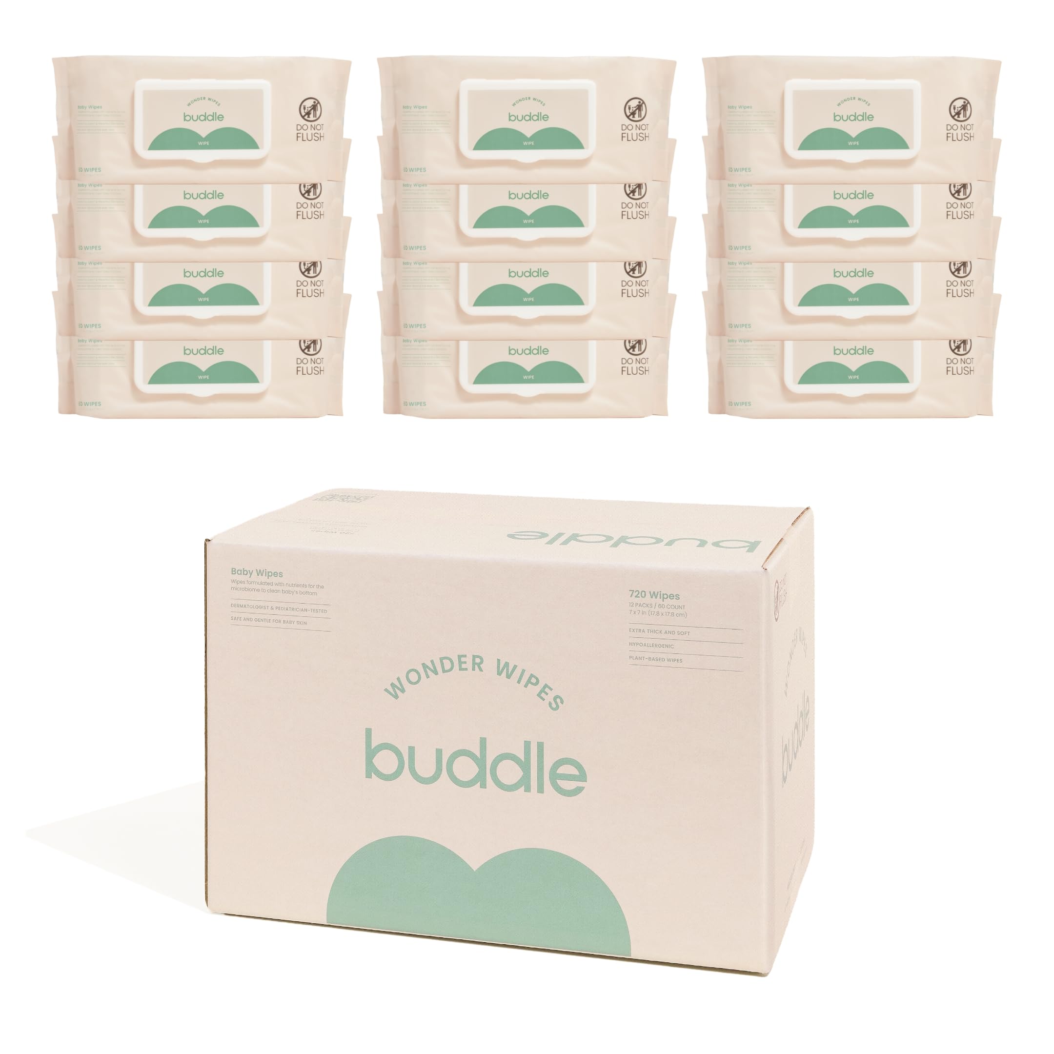 Buddle Wonder Wipes - Paquete de 12 toallitas para bebé con aloe y madreselva, probadas por dermatólogos e hipoalergénicas, biodegradables y compostables a base de plantas para pieles sensibles