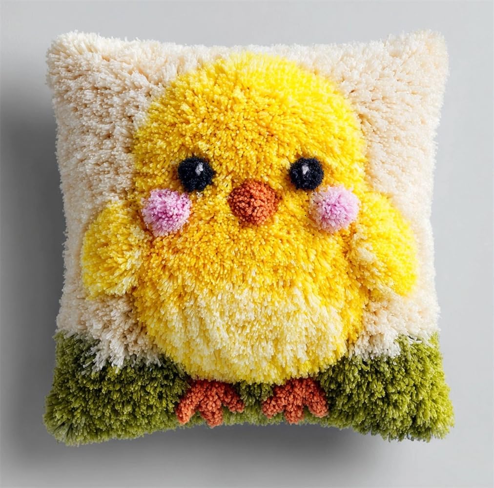 kitphoenix Latch Hook Kits Pillow Cute Chick DIY Handmade Cushion Crochet Yarn Embroidery Needlework Hook and Latch Kit Pillowcase Rug Cover Home Sofa Christmas Decoration 17X17Inch