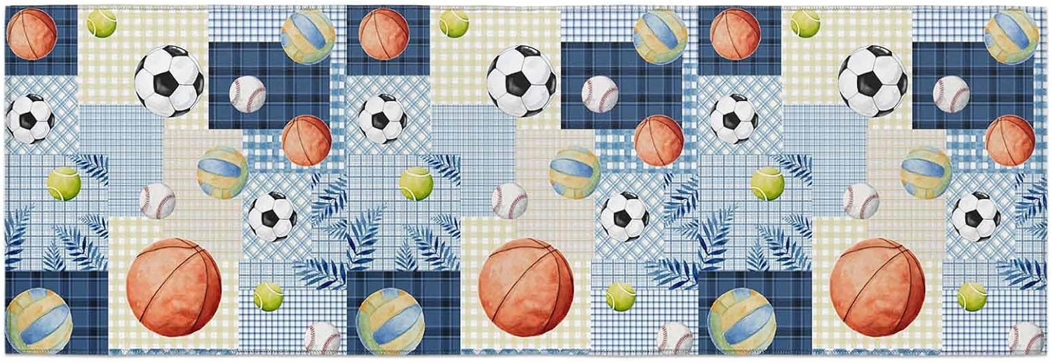 Teamery Kitchen Mats for Floor Basketball Football Baseball Washable Non Slip Kitchen Rugs 1PCS, Sports Ball on Blue Paid Absorbent Standing Mats for Sink Bathroom Office Living Room 23.6x70.9in