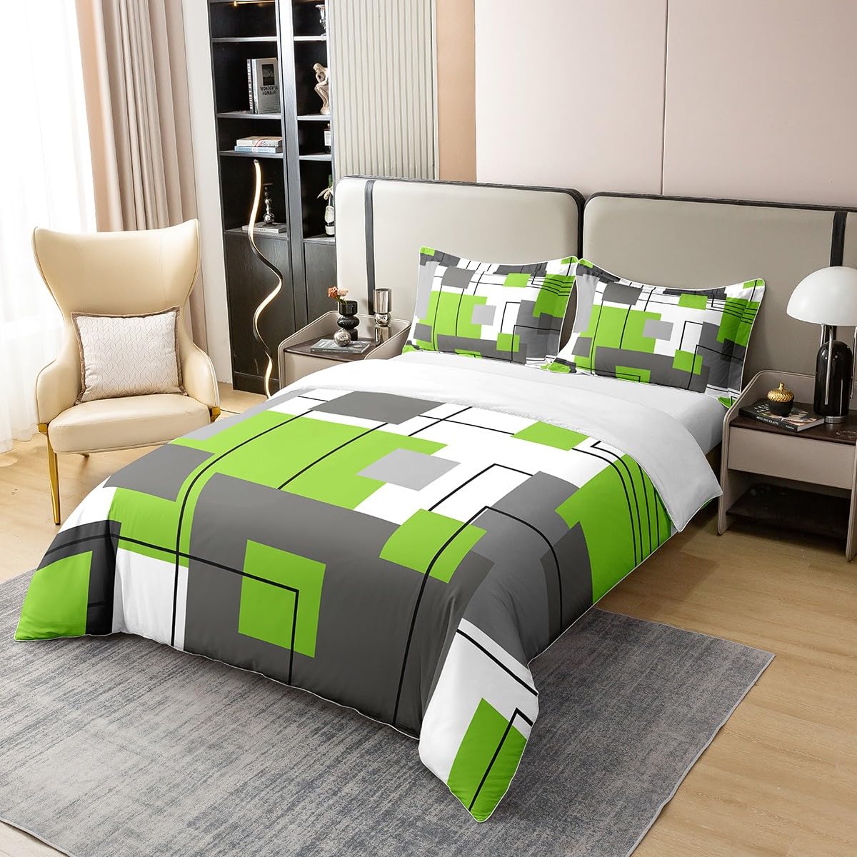 100% Cotton Lime Green Gray Geometric Bedding Set Double Black Grey White Square Duvet Cover for Kids Boys Girls Abstract Striped Comforter Cover Simple Lines Modern Bed Set 2 Pillow Cases - Image 2