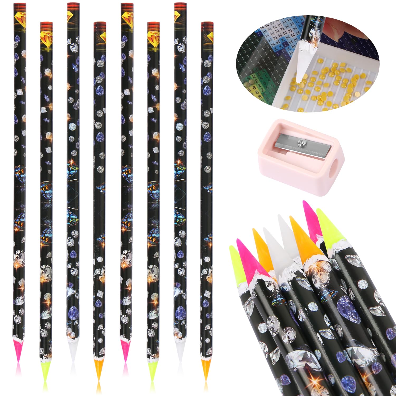 Aunifun 8 Pcs Diamond Paint Pen Rhinestone Picker Pencil Self Adhesive Resin Picker Dotting Wax Pencil Nail Point Drill Pen Gem Picker Tools for Nail Art DIY Decoration with Pencil Sharpener