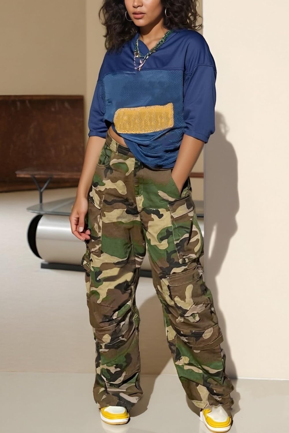 Vakkest Women's Camo Cargo Pants Casual High Waist Wide Leg Army Military Plus Size Joggers Trousers with Pockets - Image 2