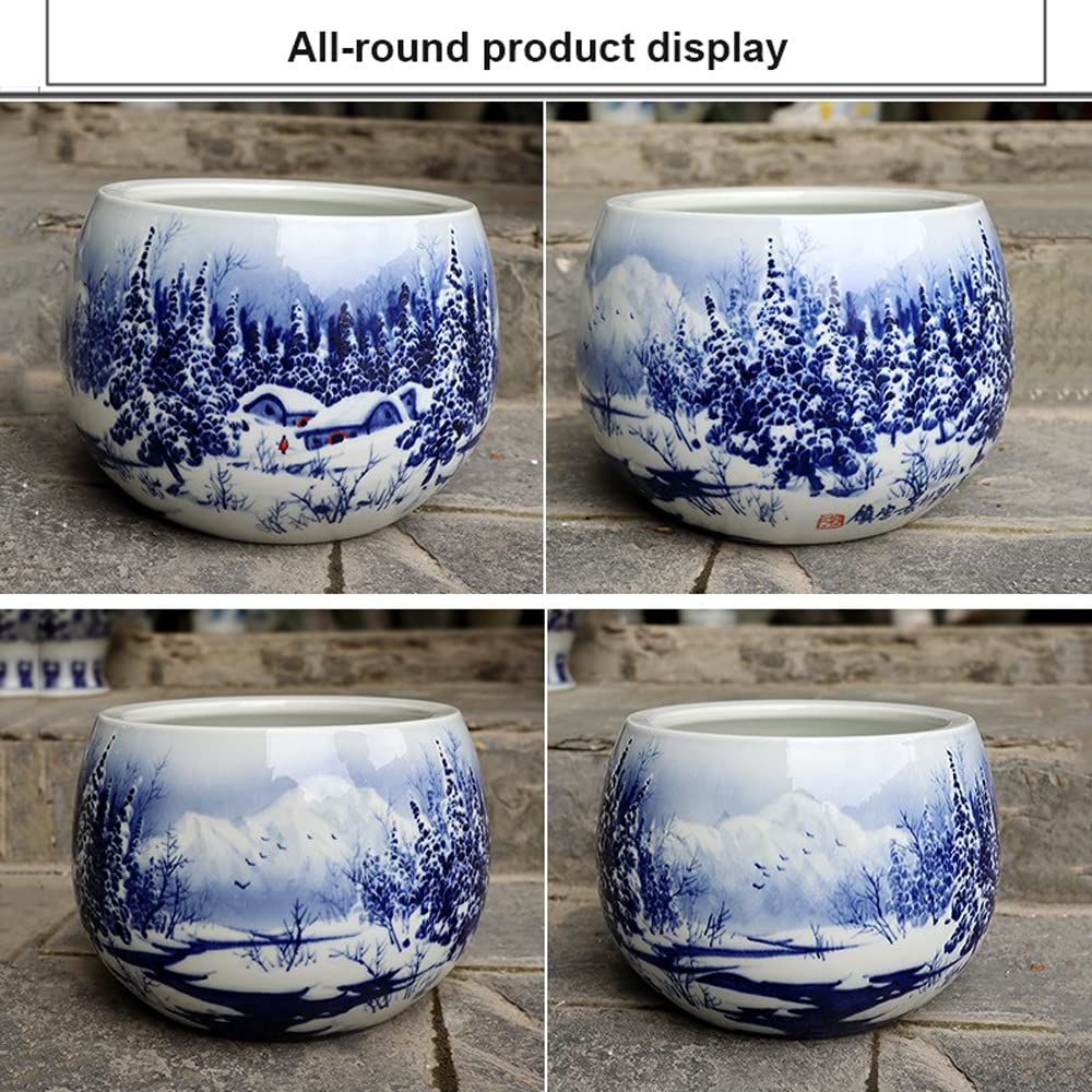 Chinoiserie Ręcznie malowana niebiesko-biała ceramiczna krawędź Kształt garnka Miska dla ryb Sadzarka Jingdezhen Doniczka z otworem drenażowym Doniczka Wystrój wnętrz