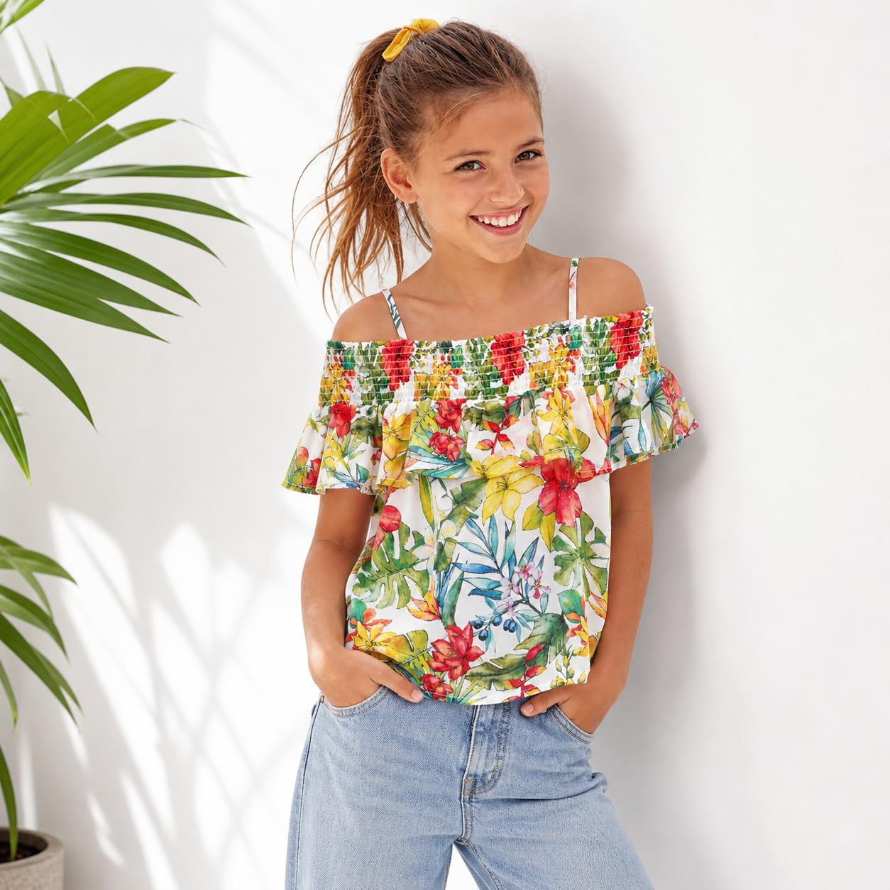 Generico Camiseta de tirantes para niña de verano con estampado floral y tirantes – Top ligero y fresco 10-16 años
