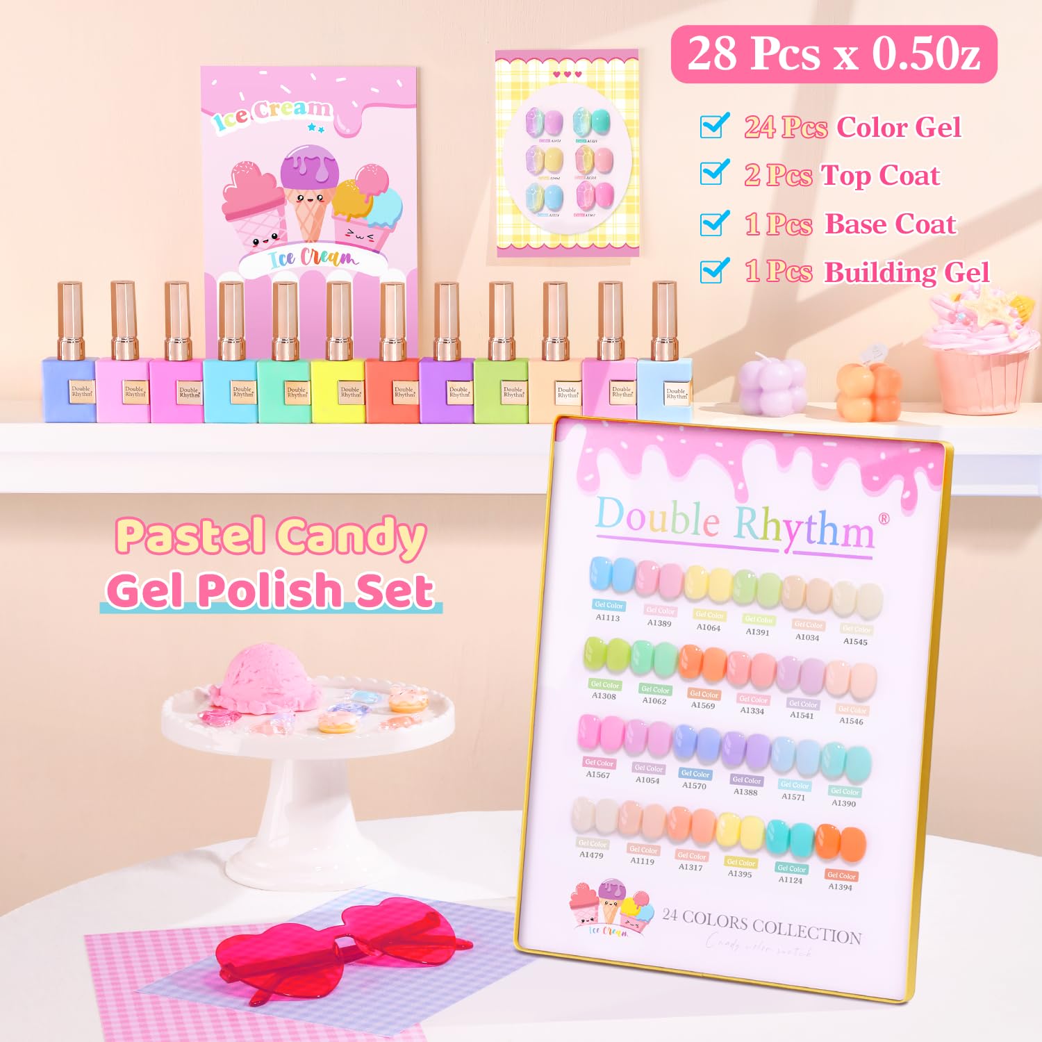 Double Rhythm 28Pcs 0.5Oz Gel Nail Polish Set Same Color Same Bottle Soak Off Gel Polish Kit Nail Art Manicure Salon DIY at Home for Women (Pastel Candy Collection-T24-5)