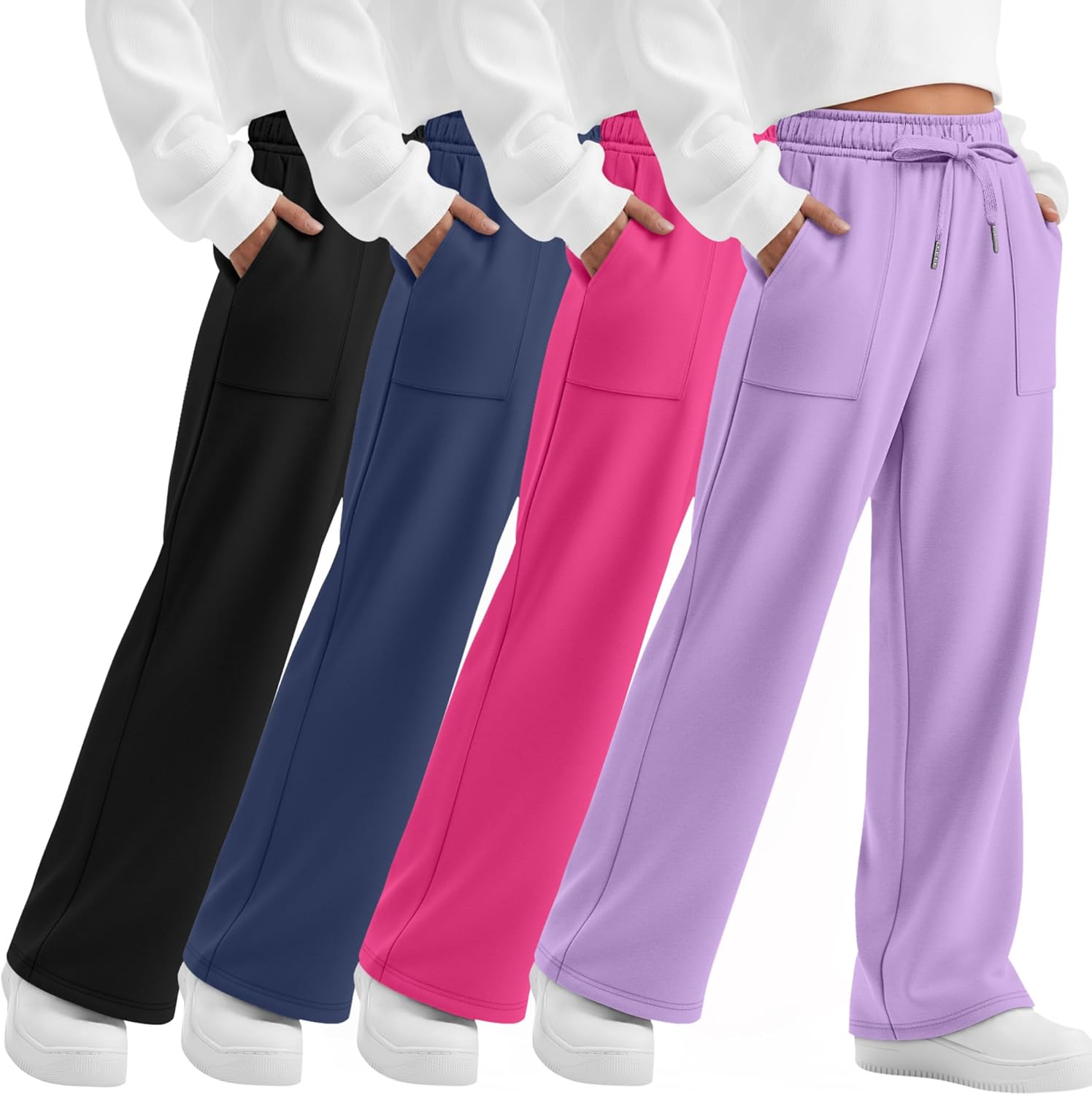 4 Pack Girls' Straight Leg Sweatpants, Kids Drawstring Casual Joggers Teen Loose Open Bottom Pants with Pockets