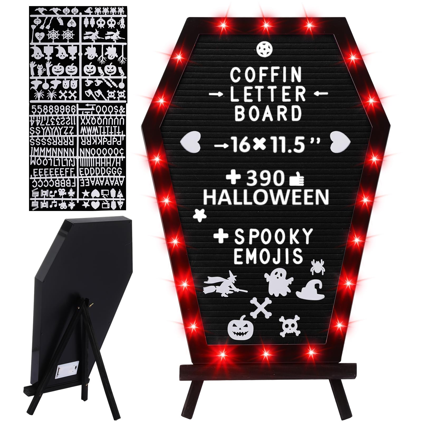 LED Coffin Letter Board Gothic Letter Board Lights Up Halloween Felt Letter Board Sign with Spooky Letter Stand Gothic Decor Halloween Movie Night Decoration(Black)