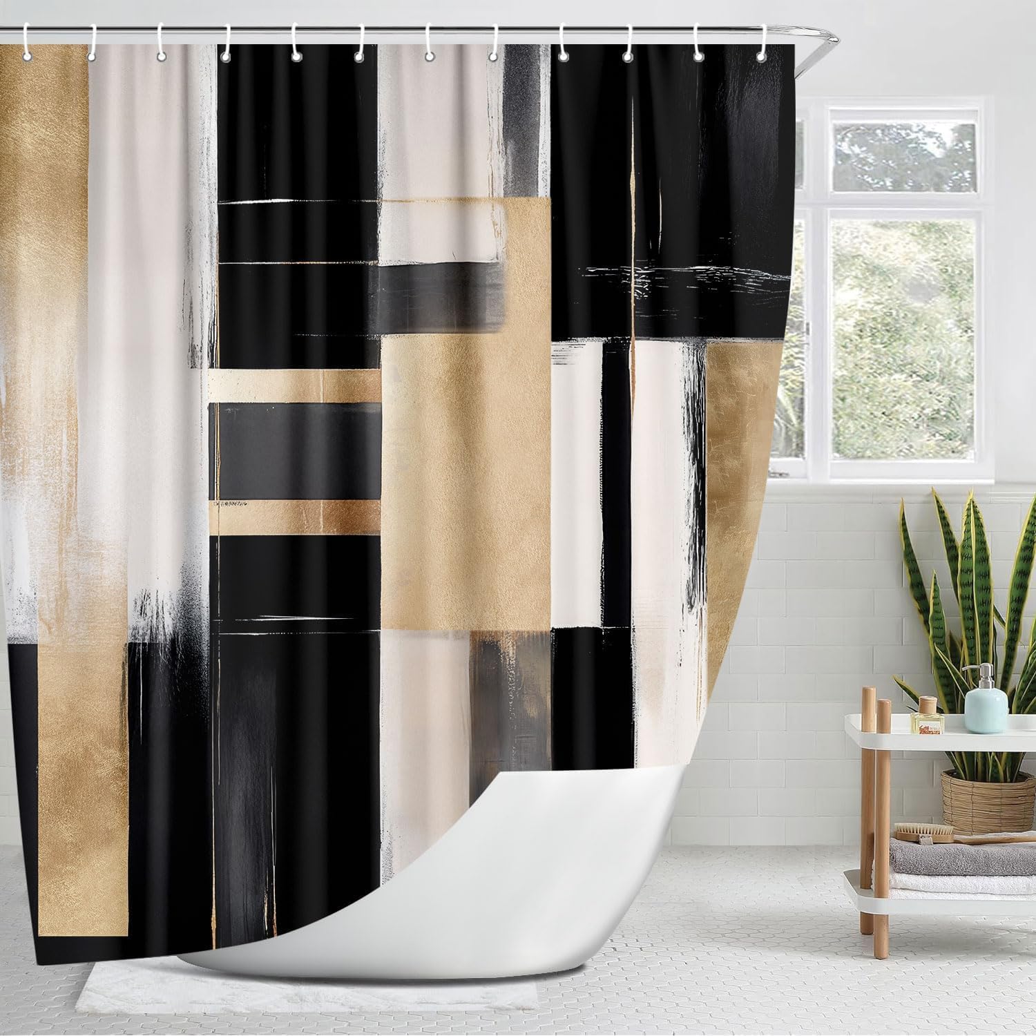 Black and Gold Abstract Shower Curtain, Boho Modern Aesthetic Shower Curtain Set, Beige Cream Brown Oil Painting Neutral Art Shower Curtain for Bathroom Fabric with 12PCS Hooks, 72X78IN Artistic