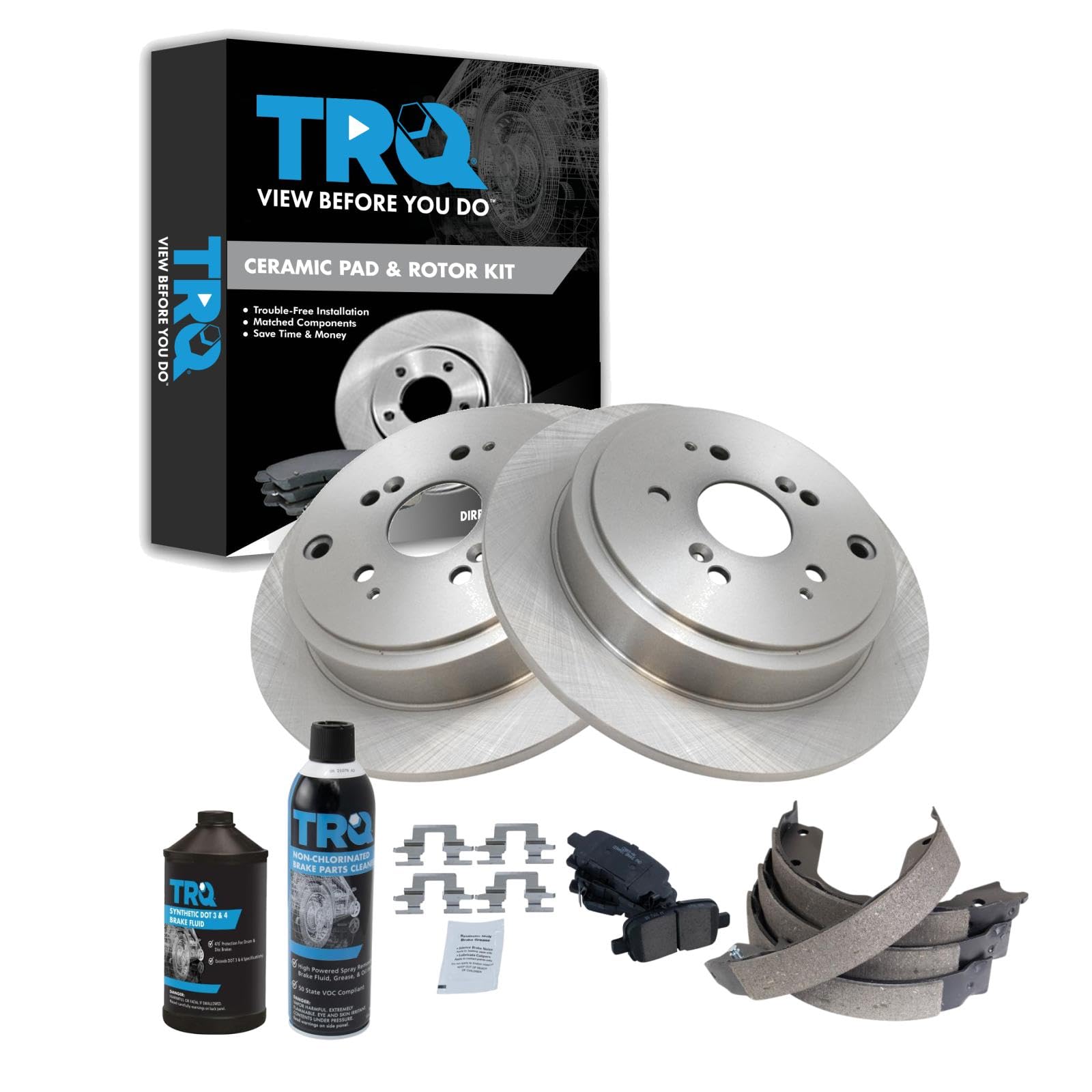 TRQ Rear Brake Pad &amp; Rotor Kit, with Chemical Kit Parking Brake Shoe Set Ceramic Compatible with 2001-2006 Acura MDX